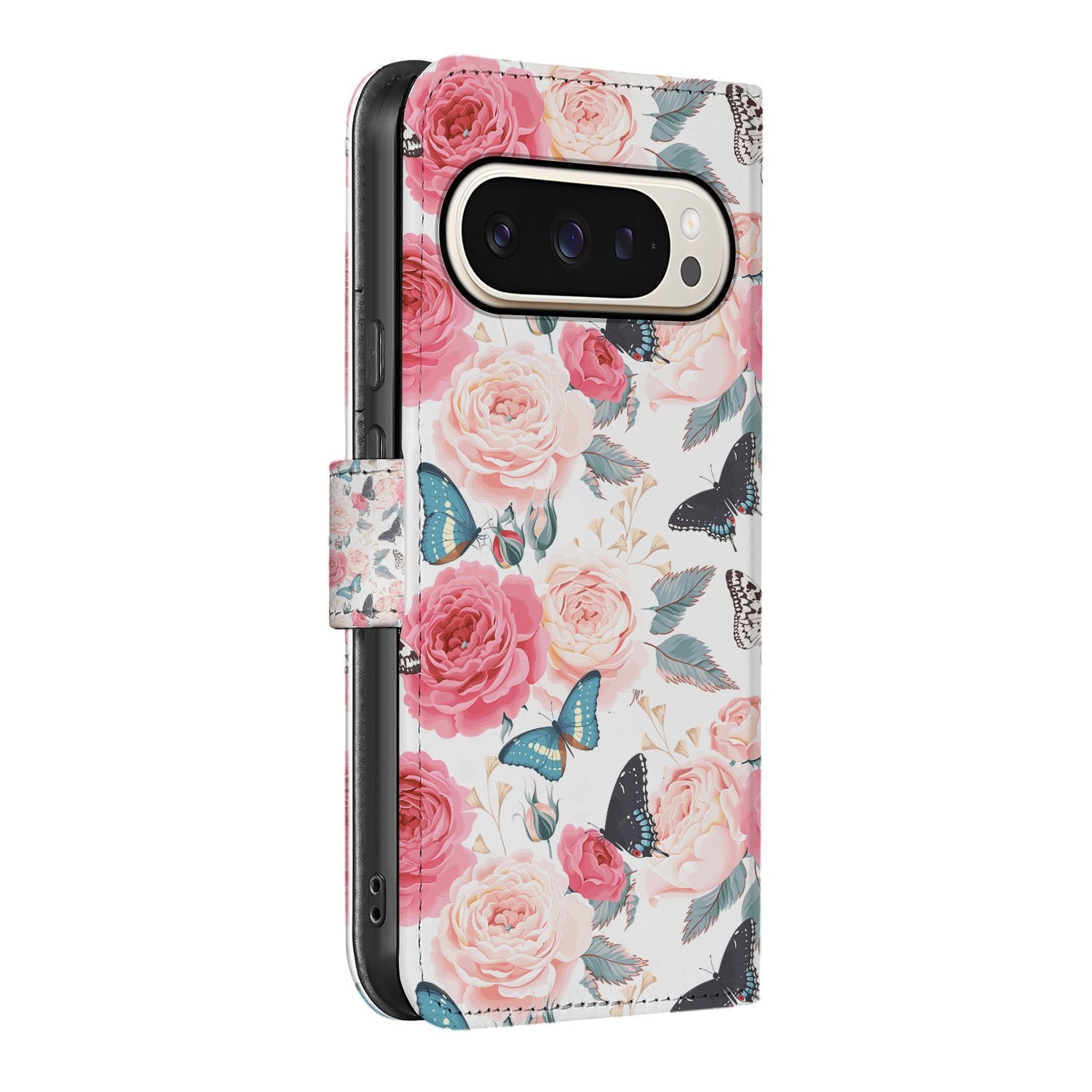 Google Pixel 10 Pro XL Telefoonhoesje Roze Butterfly bookcase design rozen vlinders aanzicht