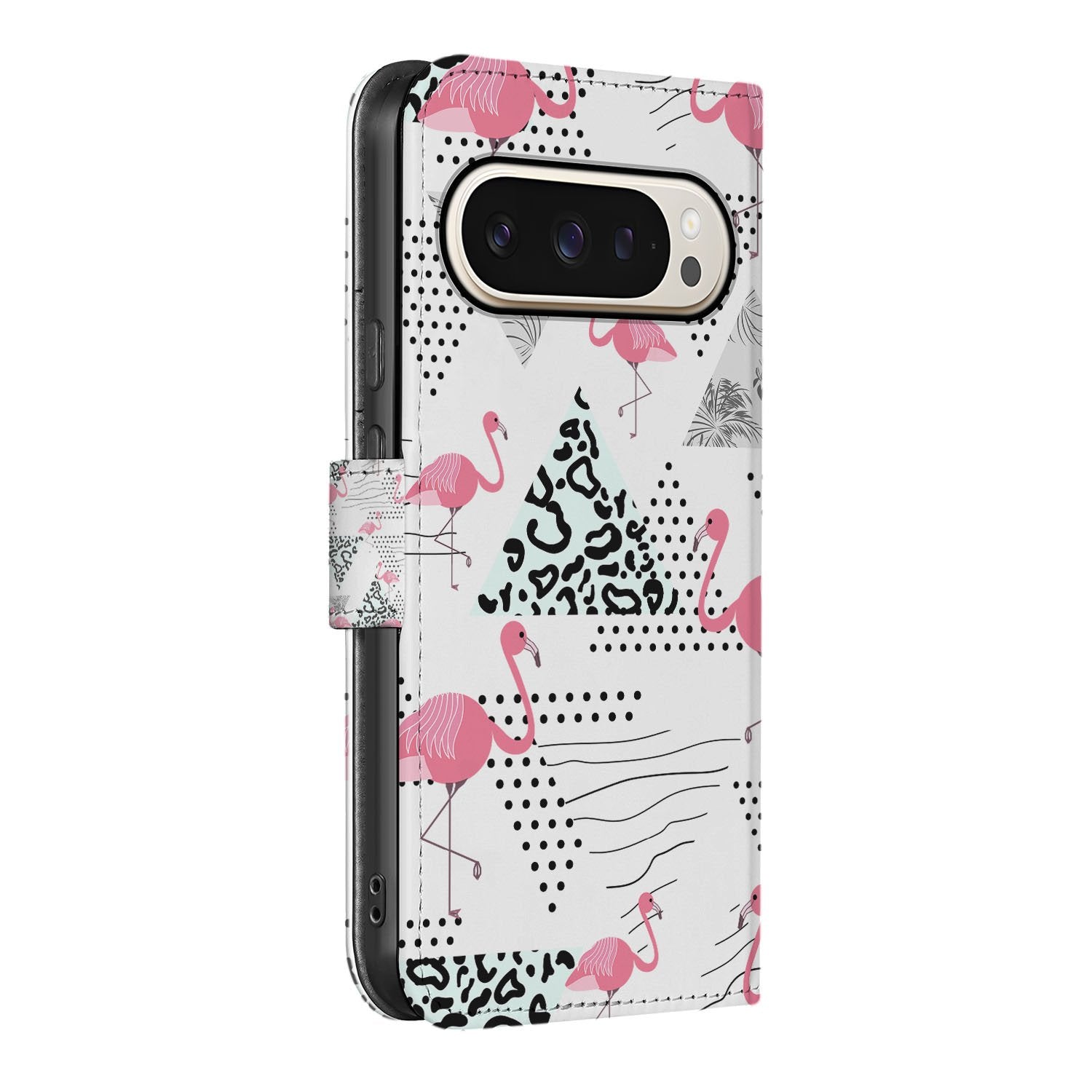 Google Pixel 10 Pro XL Stijlvolle Flamingo Triangle Design Book Case aanzicht