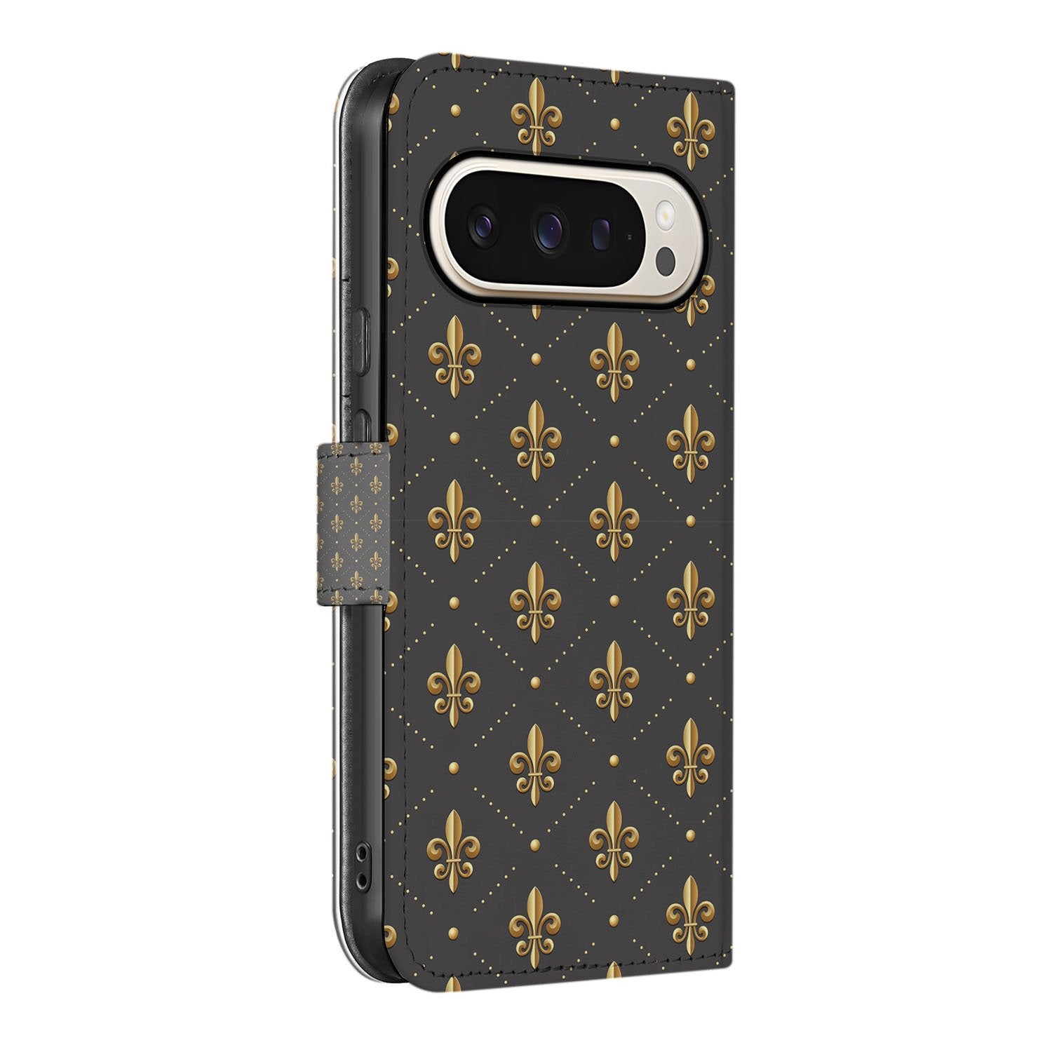 Google Pixel 10 Pro XL Book Case Portemonnee Hoesje Franse Lelie Bruin Goud zijkant