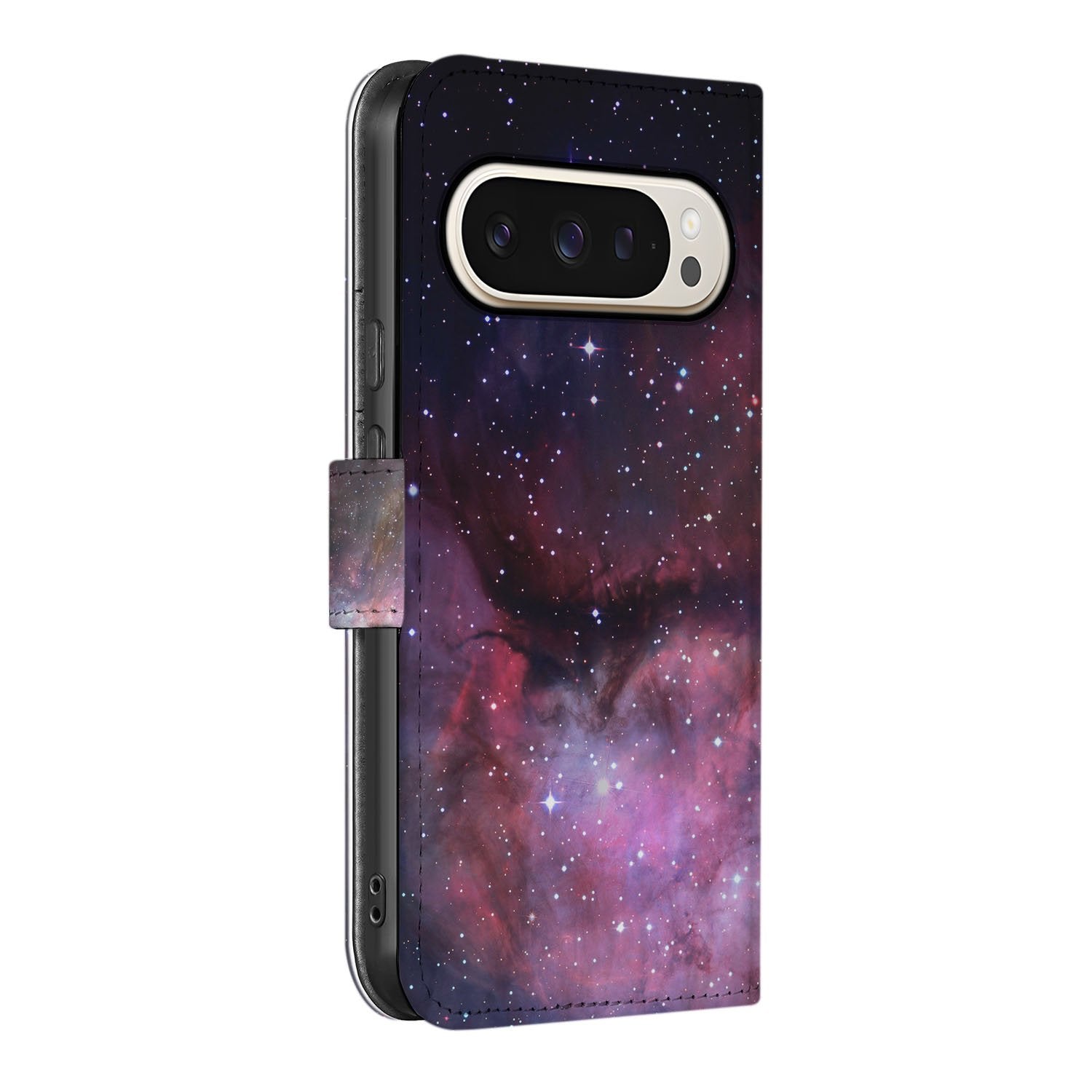 Google Pixel 10 Pro XL Bookcase Hoesje Heelal Design in PU Leer Grijs met Paars Patroon  zijkant ontwerp