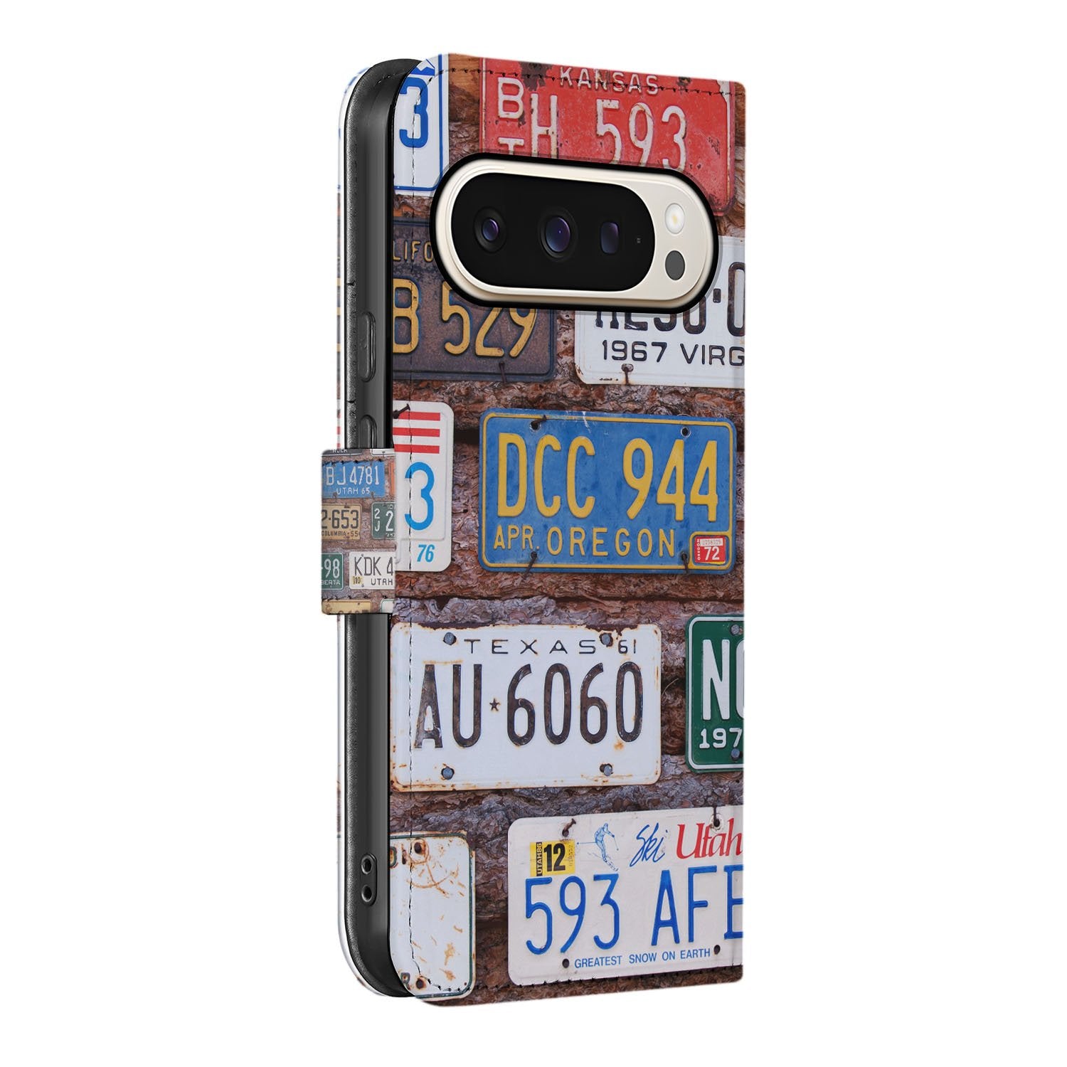 Google Pixel 10 Pro XL Stijlvol Bookcase Hoesje Voor Google Pixel 10 Pro XL Met Kentekenplaten Design zijaanzicht