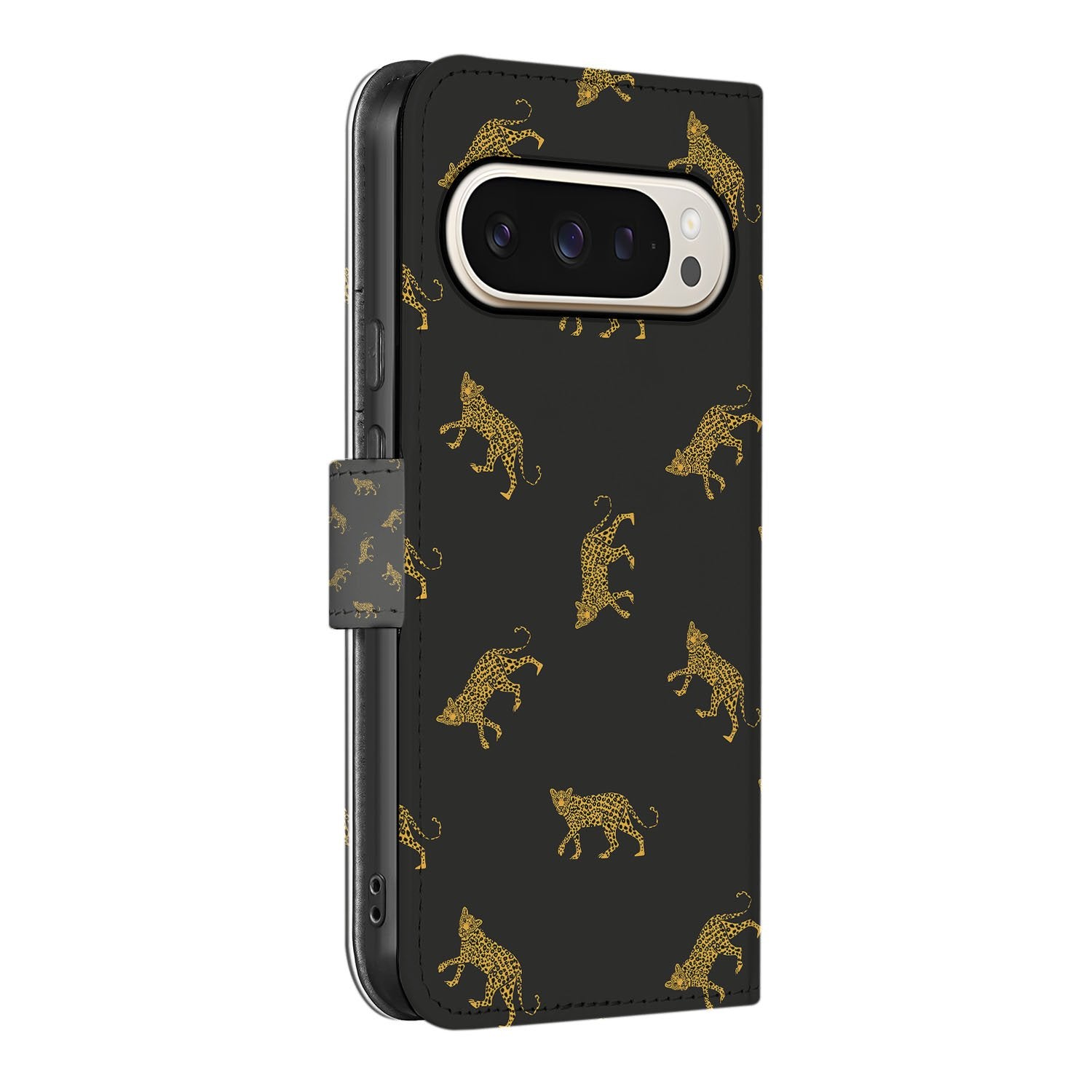 Google Pixel 10 Pro XL Luipaardprint Telefoonhoesje boekcase zwart goud