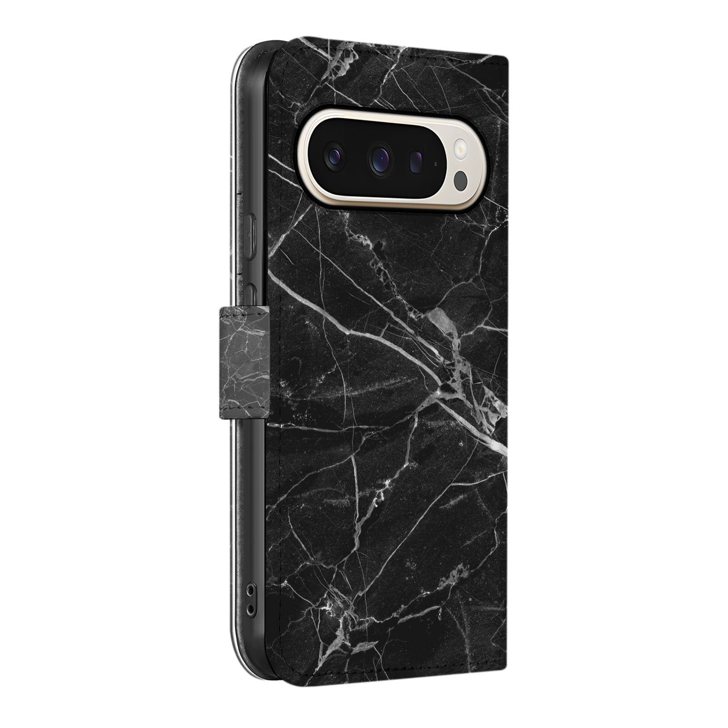 Google Pixel 10 Pro XL Book Case Zwart Marmer Met Pasjesvak Cadeau book case zwart marmer zijaanzicht