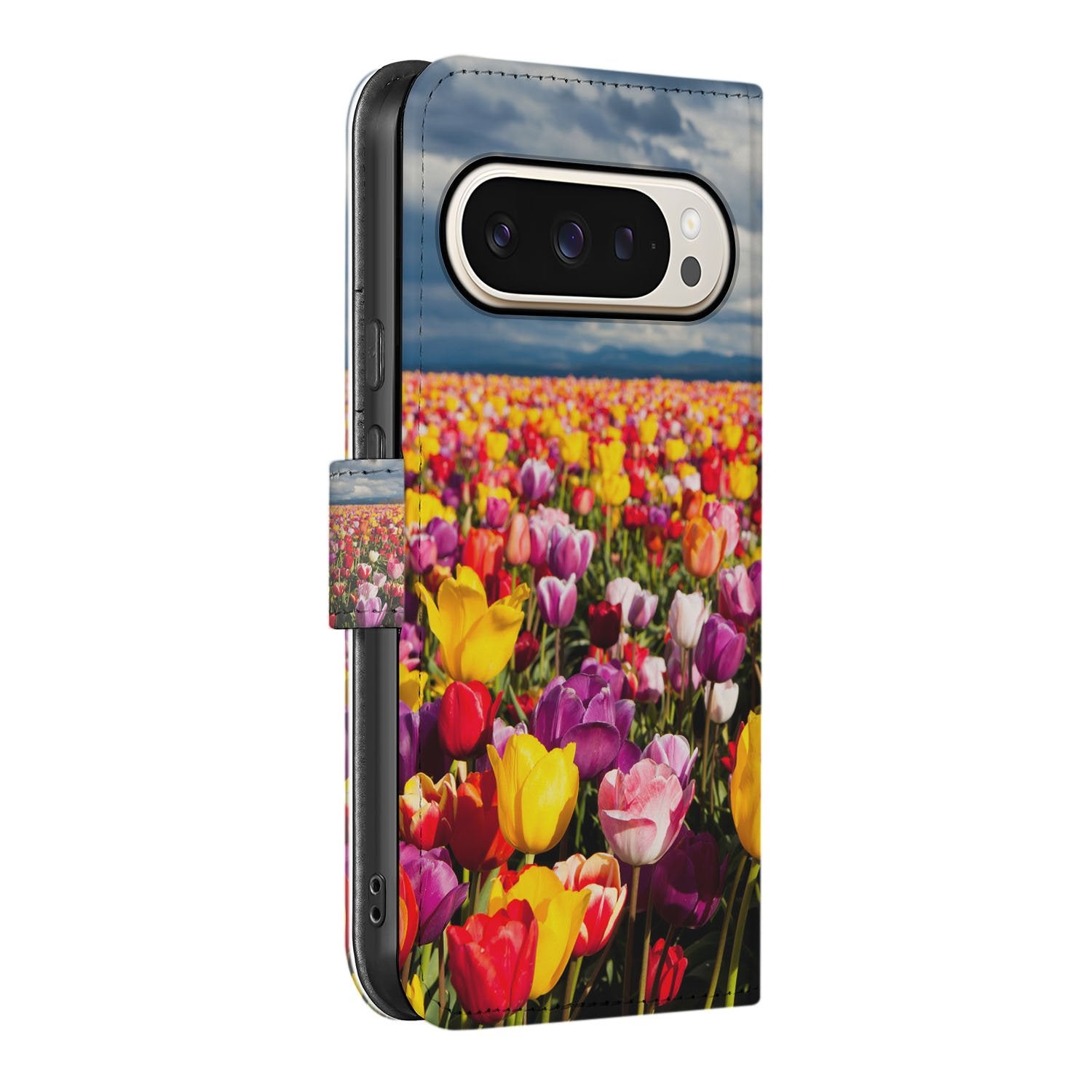 Book Case Google Pixel 10 Pro XL Tulpen Motief zijkant kleurrijke tulpen bloemen