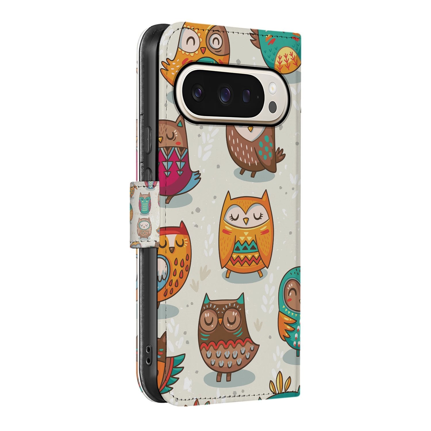 Book Case Google Pixel 10 Pro XL Cadeau Vrolijke Uilen Pasjeshoesje zijkant kleurrijk