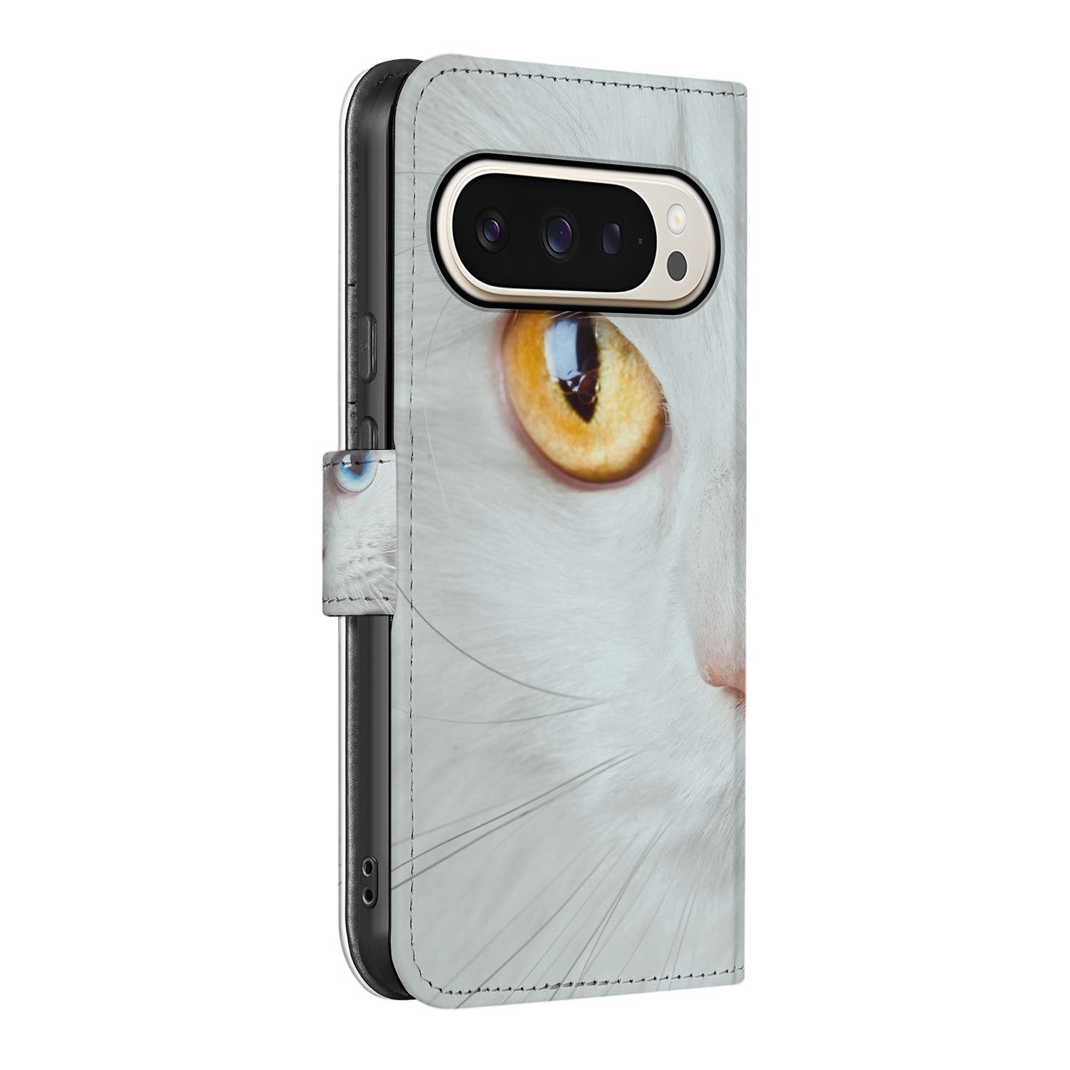 Google Pixel 10 Pro XL Portemonnee Hoesje Witte Kat Dierenprint zijaanzicht