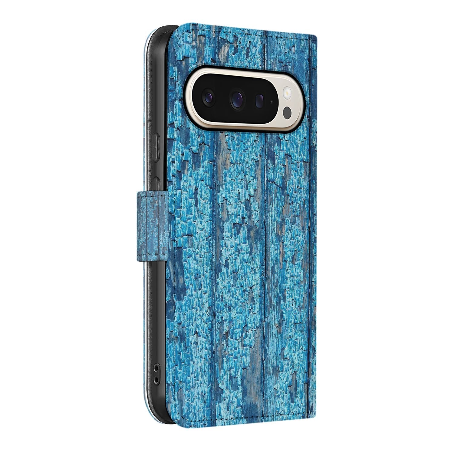 Google Pixel 10 Pro XL Afgebladderd Blauw Hout Portemonnee Hoesje Book Case zijaanzicht