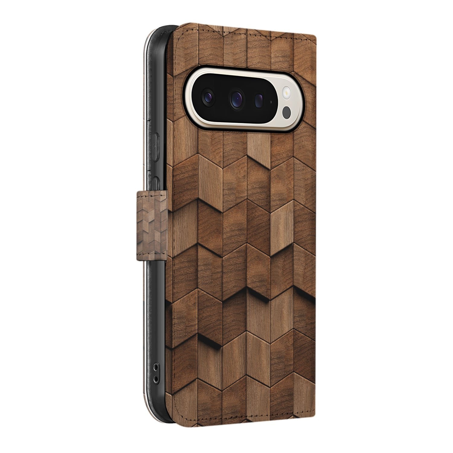 Google Pixel 10 Pro XL Bookcase Hoesje Bruin Houtprint Kubusprint zijaanzicht