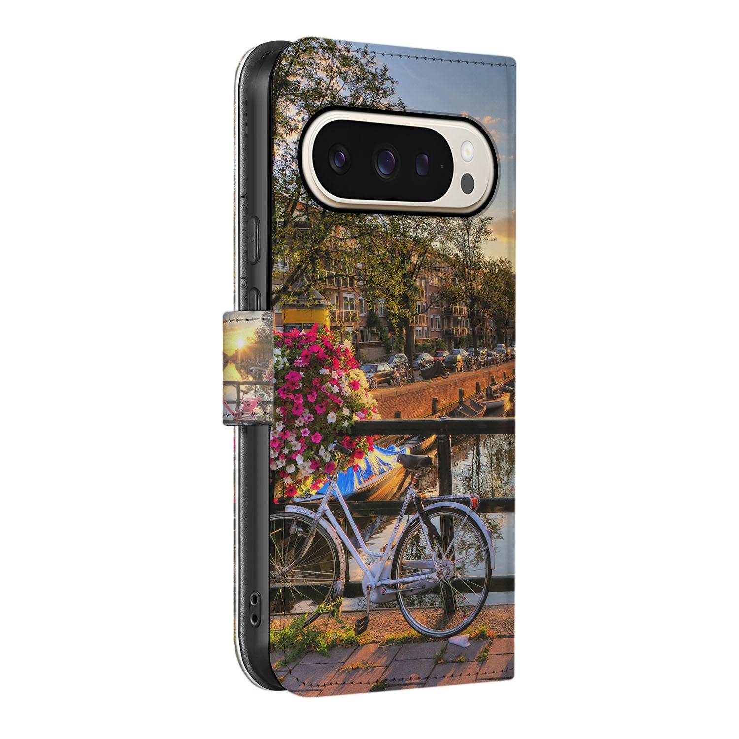Telefoonhoesje Google Pixel 10 Pro Amsterdamse Grachten bookcase stad charme fiets
