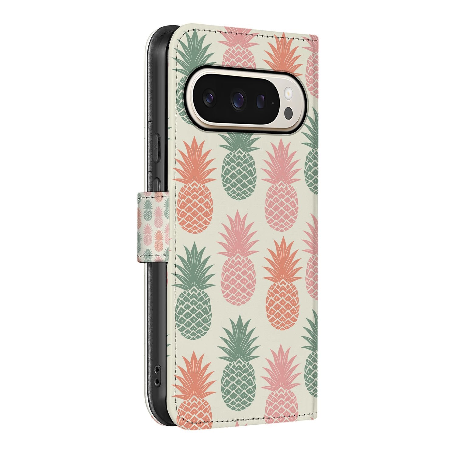 Ananas VibeBook Google Pixel 10 | 10 Pro Book Case ananasprint beige kleurrijk zijaanzicht