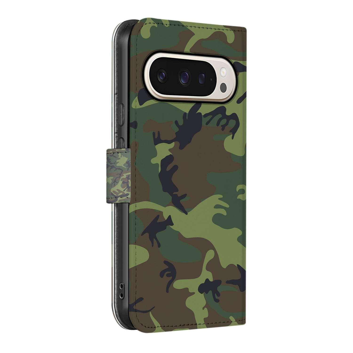 Telefoonhoesje Google Pixel 10 | 10 Pro Army Dark Camouflage boekhoes camouflage bovenaanzicht