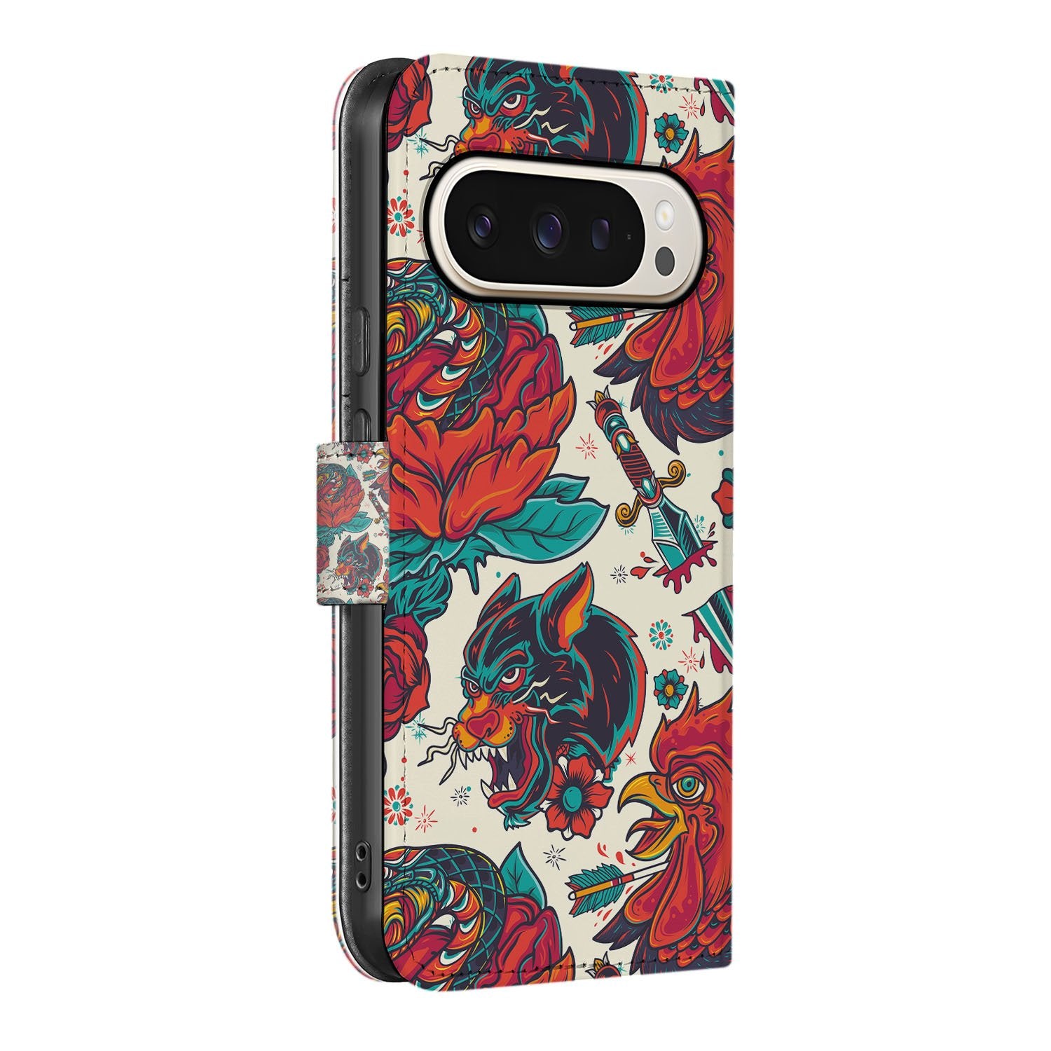Old Skool Google Pixel 10 Pro Book Case tattoo print zijkant