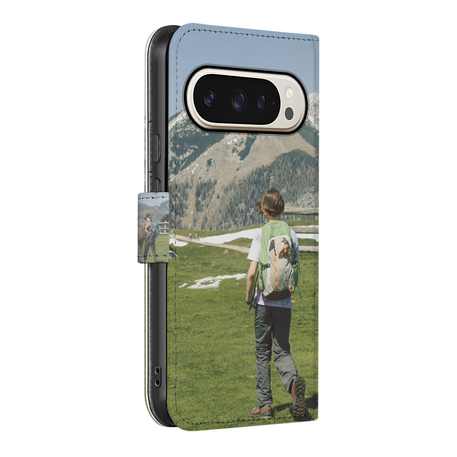 Google Pixel 10 / 10 Pro Bookcase Hoesje Maken met Foto jongen rugzak landschap