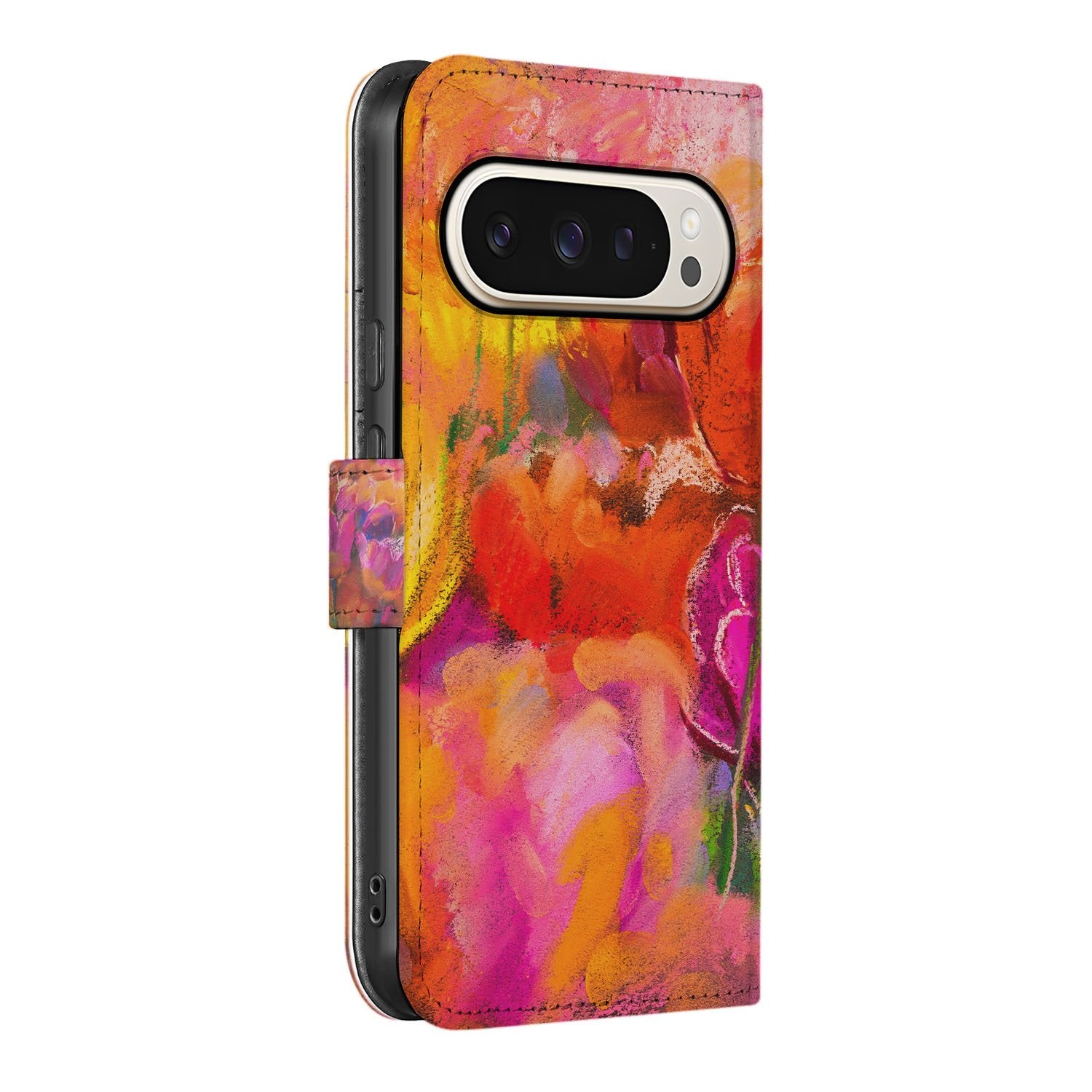 Tulips Google Pixel 10 Pro Book Case kleurrijke tulpen-watercolorprint zijaanzicht