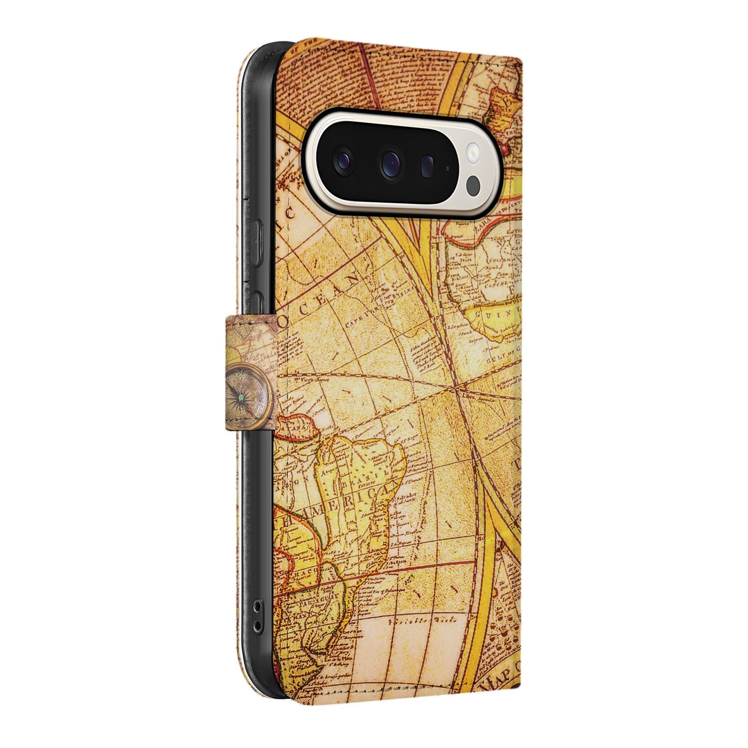 Google Pixel 9 | 9 Pro Flip Cover Kompas wereldkaart design aanzicht
