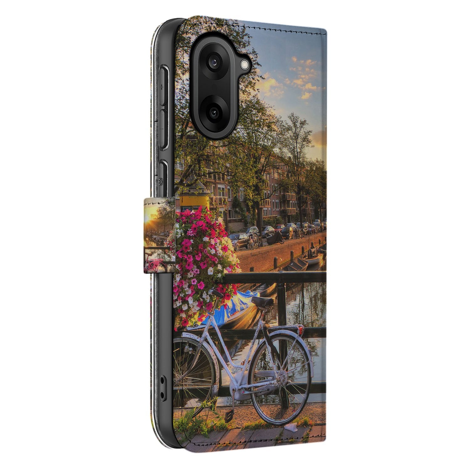 OnePlus Nord CE 5 Stijlvol Amsterdamse Grachten Design Hoesje zijkant fiets bloemen