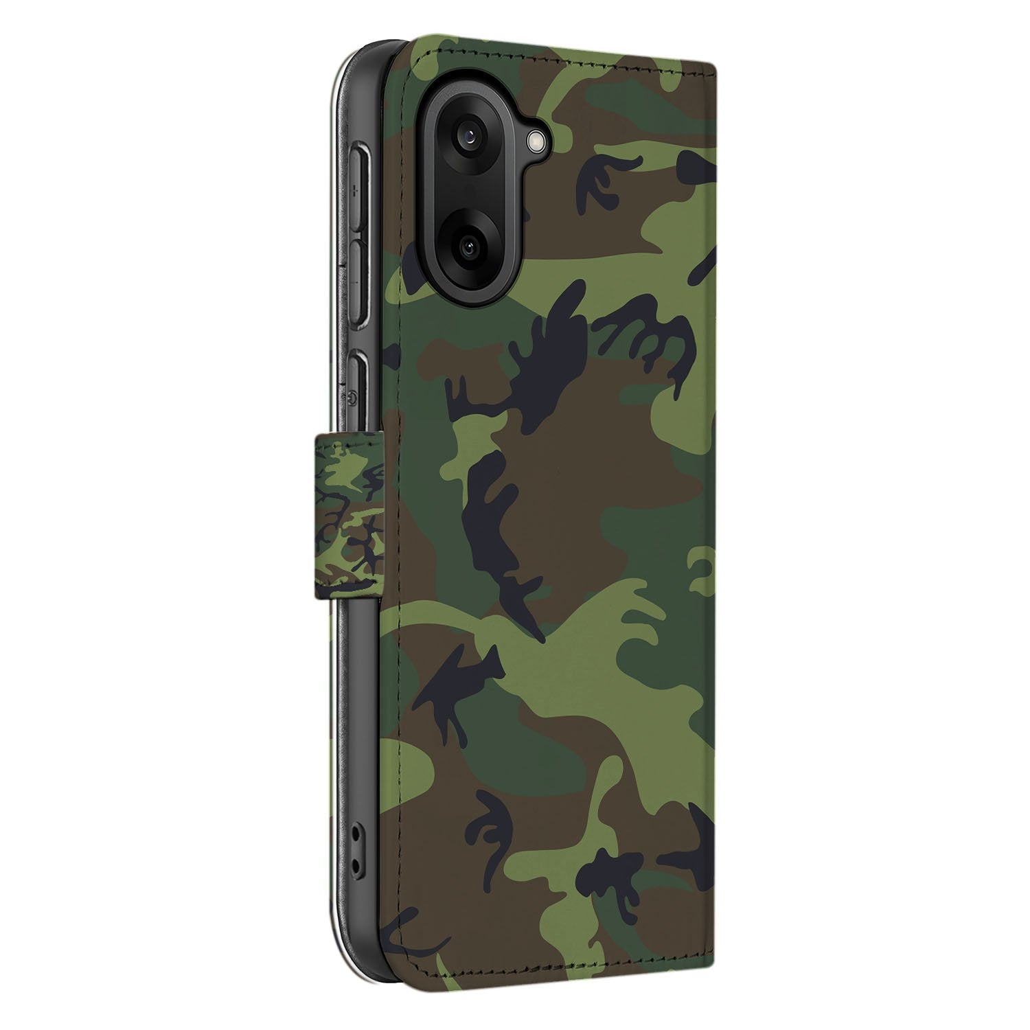 OnePlus Nord CE 5 Bookcase Hoesje met Camouflage Leger Donker Design pasjes aanzicht