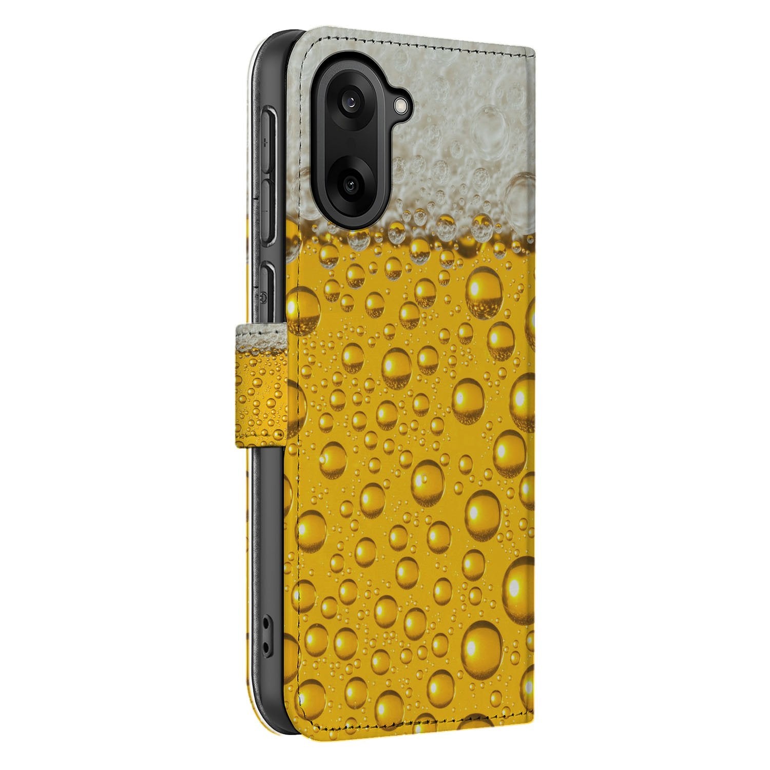 OnePlus Nord CE 5 Premium Bierprint Bookcase Hoesje Geel Schuim Design zijkant