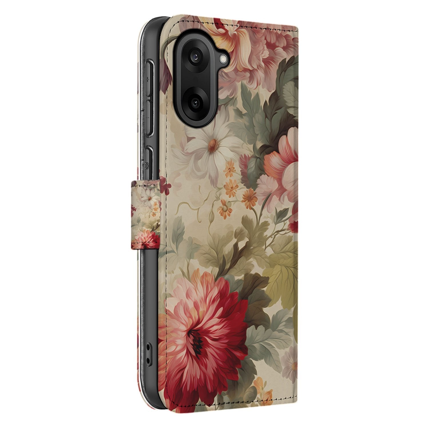OnePlus Nord CE 5 Bookcase Hoesje met Bloemenprint en Pasjes voor Veelzijdige Bescherming bloemenprint zijkant