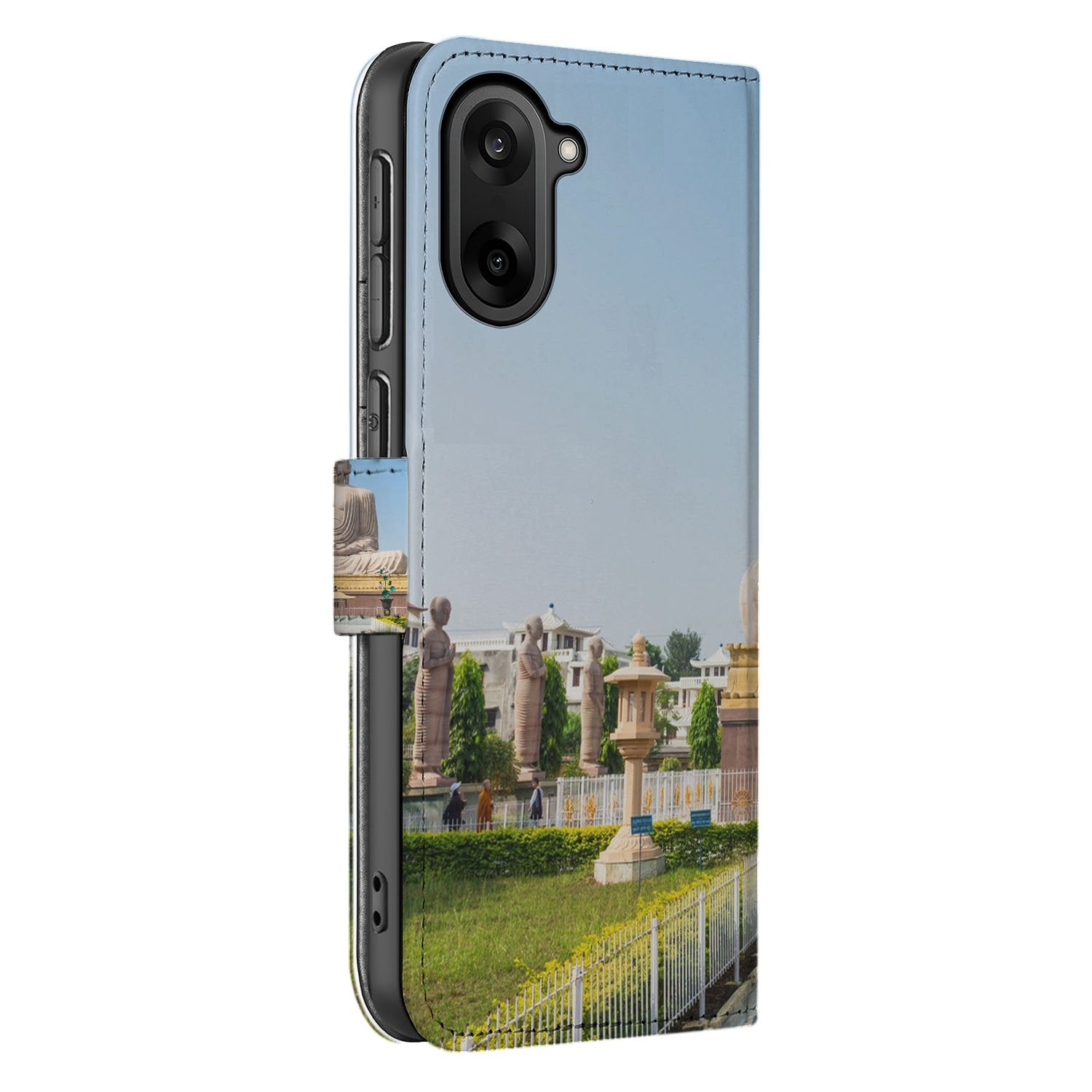 OnePlus Nord CE 5 Stijlvol Boeddha Goud Blauw Luxe Bookcase Hoesje zijkant met beelden en groene tuin