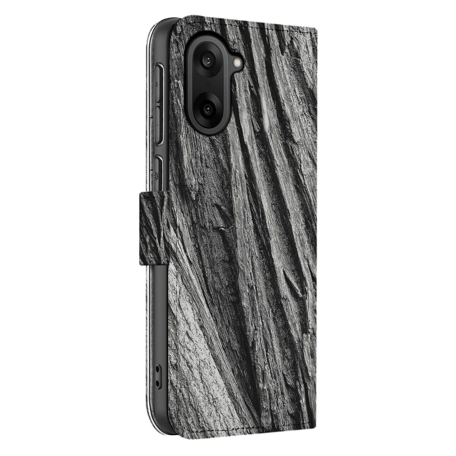OnePlus Nord CE 5 Boomschors Grijs Rustiek Bookcase Hoesje zijkant