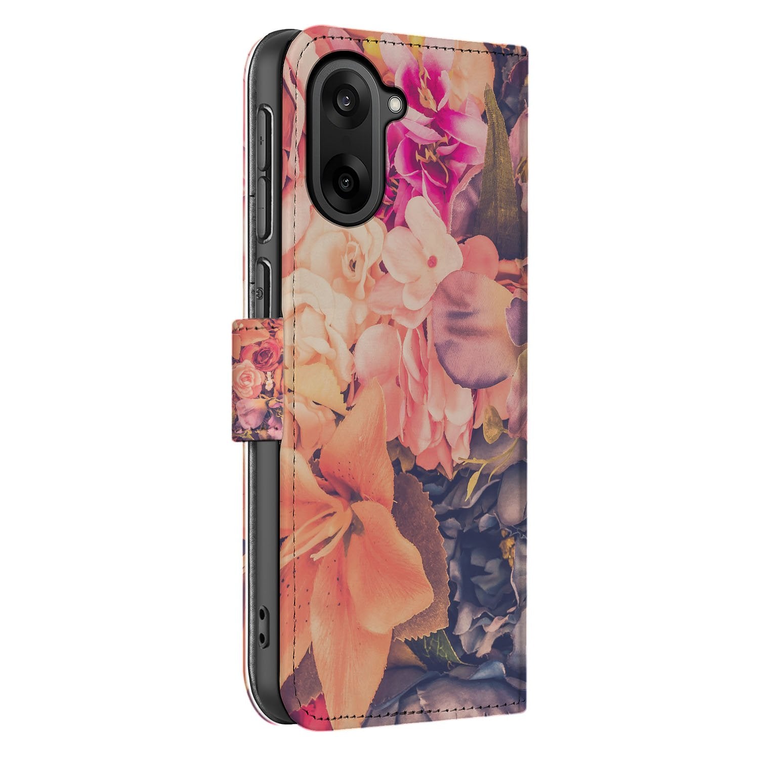 OnePlus Nord CE 5 Stijlvol Bosje Bloemen Roze Oranje Paars Bookcase Hoesje zijkant