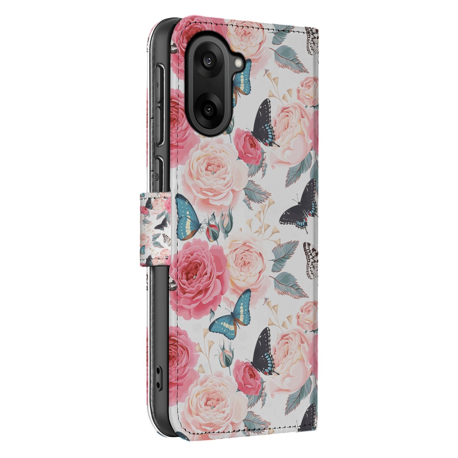 OnePlus Nord CE 5 Book Case Hoesje met Roze Butterfly Roses Design zijaanzicht
