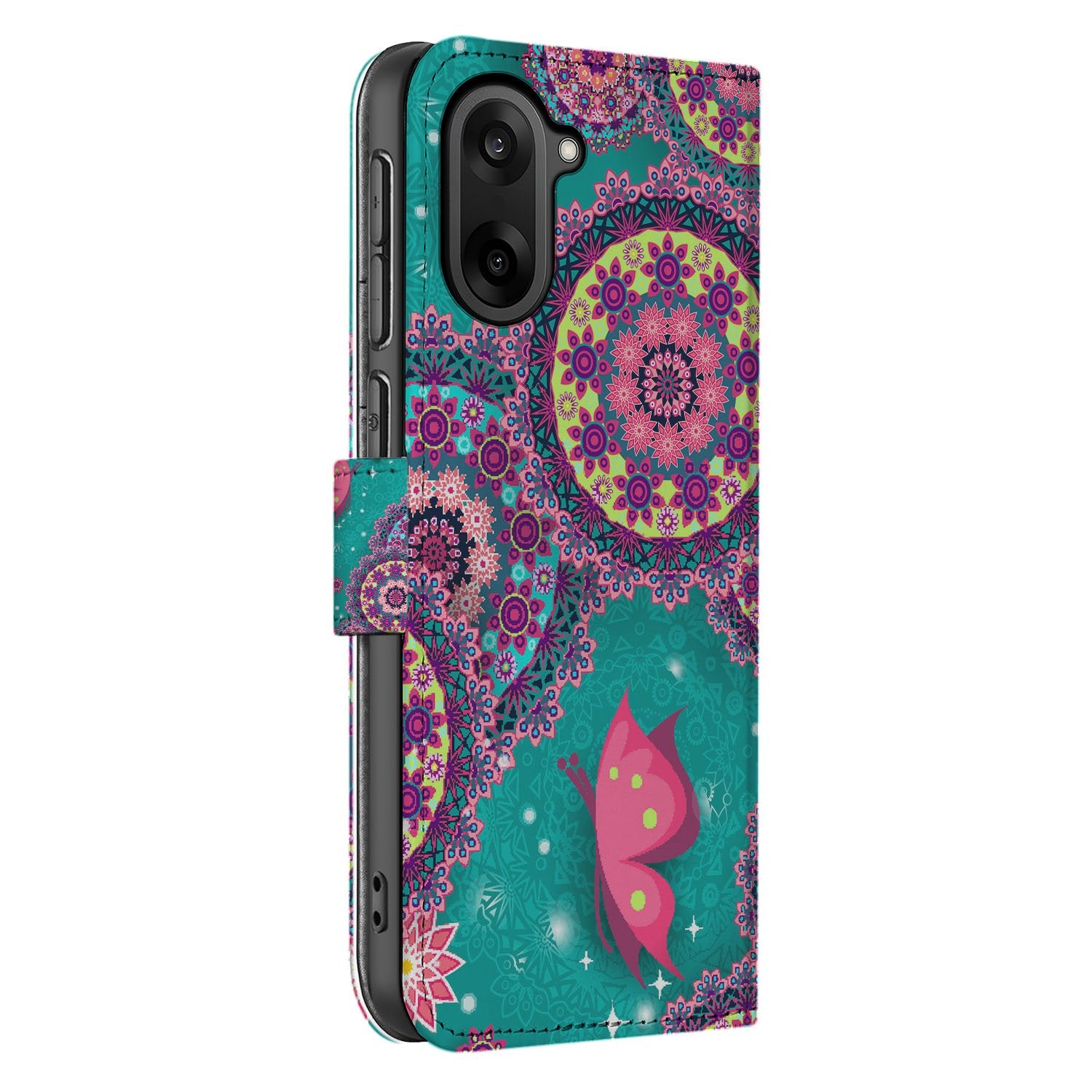 OnePlus Nord CE 5 Cirkels en Vlinders Book Case Hoesje zijkant kleurig ontwerp mandala vlinders