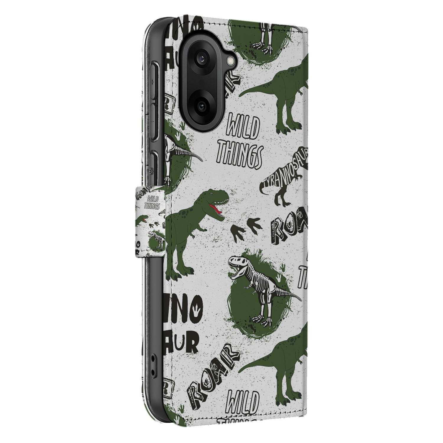 OnePlus Nord CE 5 Bookcase Hoesje met Dinosaurus Print en PU Leer zijaanzicht