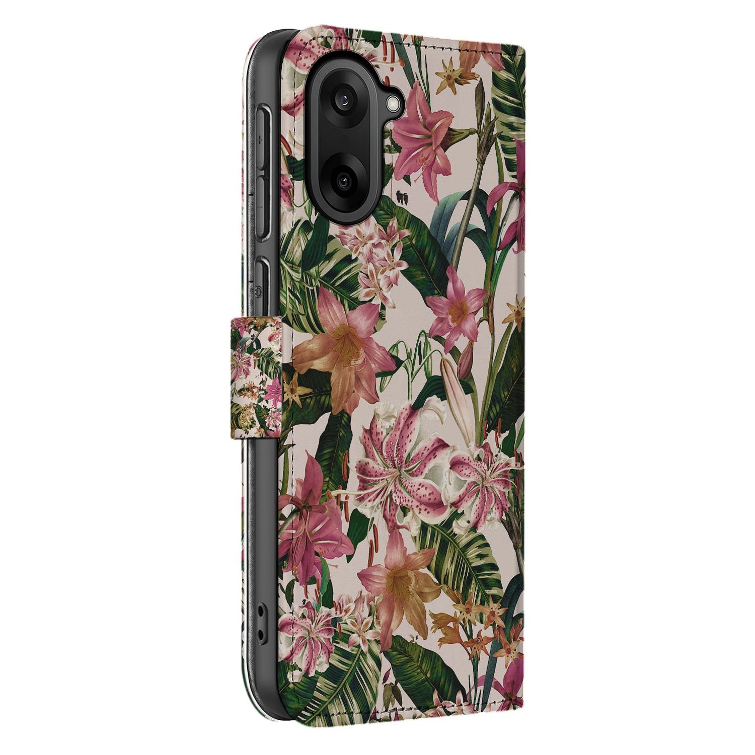 OnePlus Nord CE 5 Book Case & Portemonnee Hoesje met Paars Wit Bloemen en Pasjesvak Functie bloemenprint zijaanzicht
