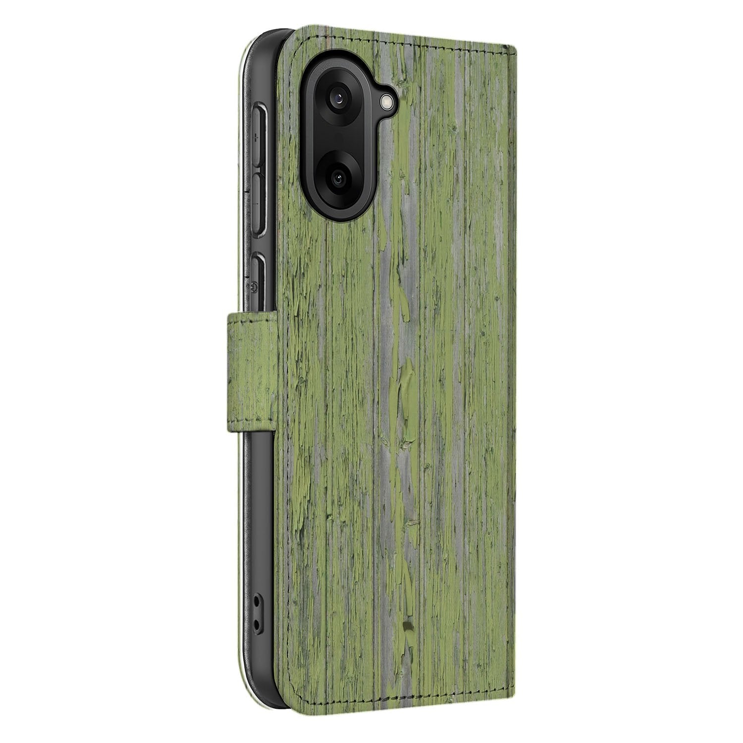 OnePlus Nord CE 5 Book Case & Portemonnee Hoesje Groen Houtnerf Met Pasjeshouders En Magnetische Sluiting zijaanzicht