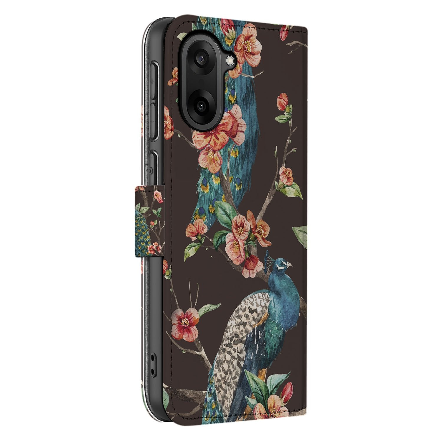 Bookcase Hoesje OnePlus Nord CE 5 Pauw Bloemen Print zijaanzicht
