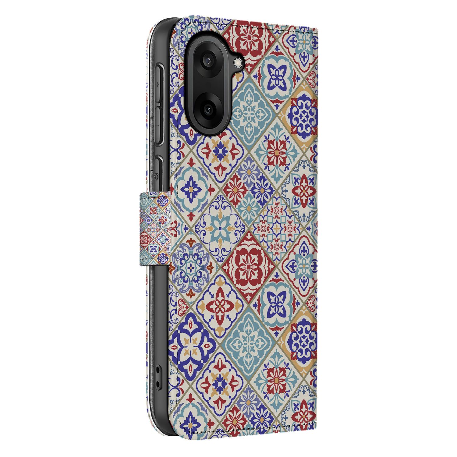OnePlus Nord CE 5 Tegelpatroon Book Case kleurrijk tegelmotief zijaanzicht