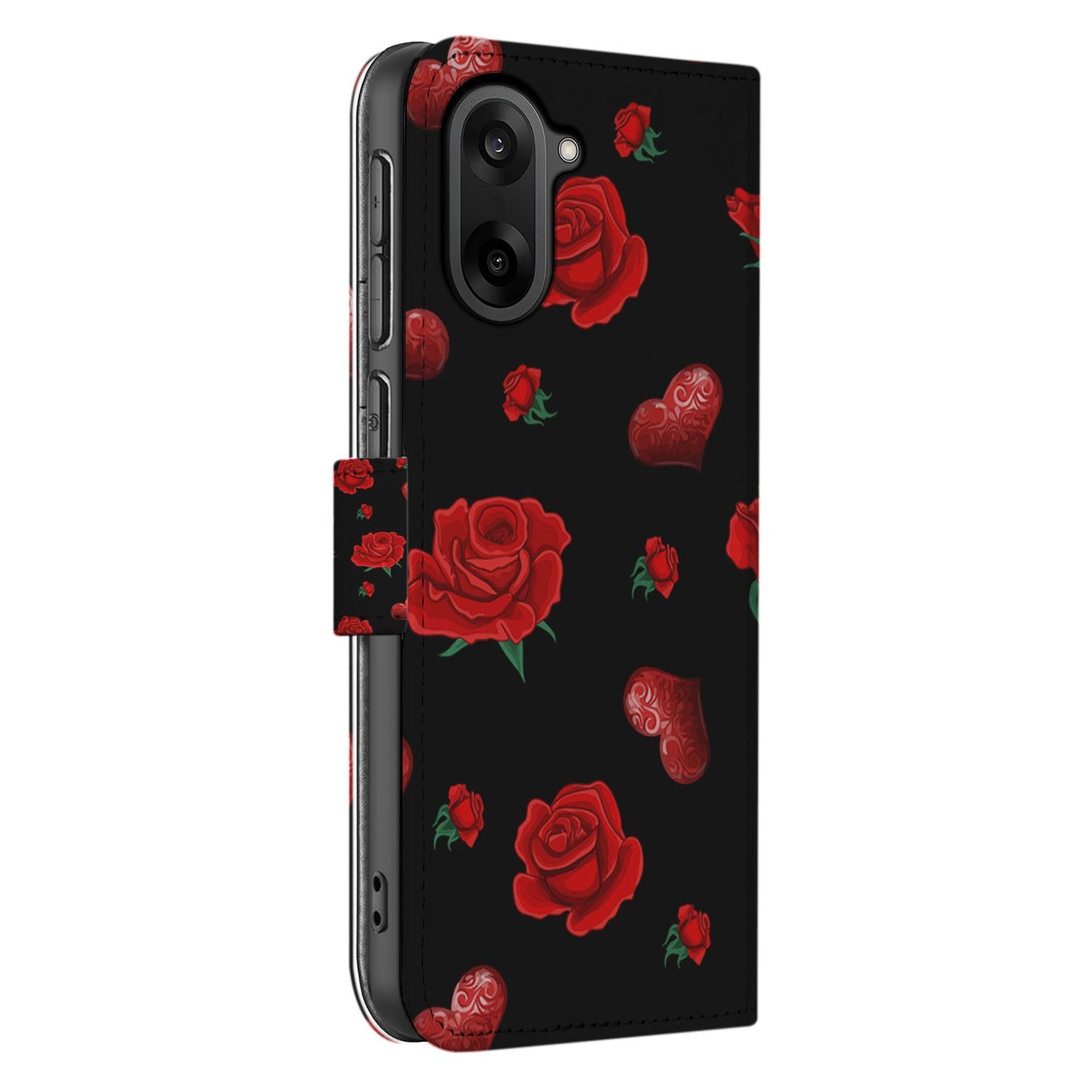 OnePlus Nord CE 5 Book Case Valentine boekcase zwarte achtergrond rode rozen hartjes aanzicht
