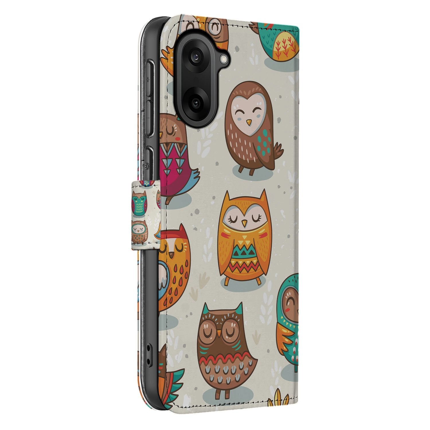 Portemonnee Hoesje OnePlus Nord CE 5 Vrolijke Uilen Pasjeshoesje design vrolijke uilen aanzicht