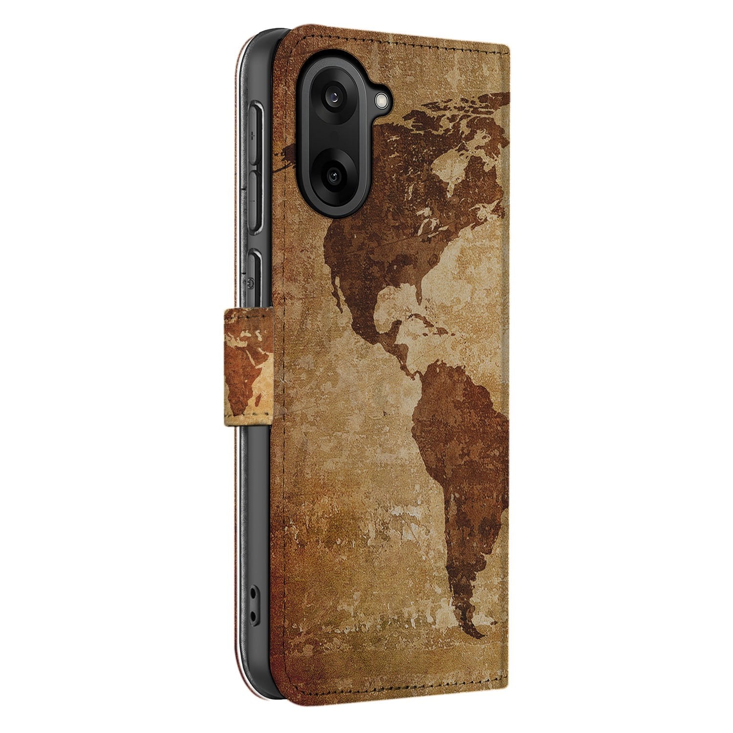 Bookcase OnePlus Nord CE 5 Wereldkaart Met Pasjes bookcase wereldkaart bruin geel zijaanzicht