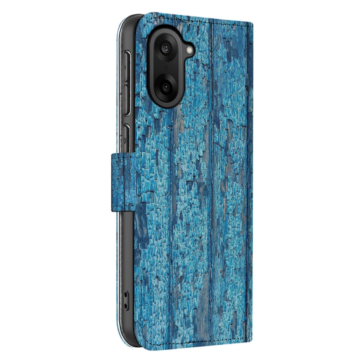 OnePlus Nord CE 5 Book Case Afgebladderd Blauw Hout zijaanzicht
