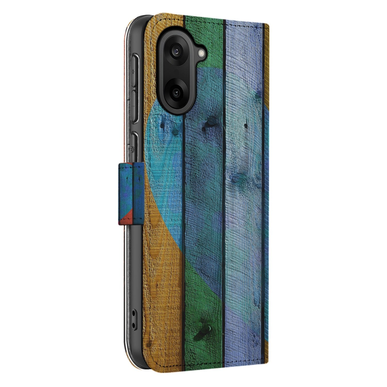 OnePlus Nord CE 5 Bookcase Hoesje Wood Heart Met Pasjes Bruin zijaanzicht kleurrijk design