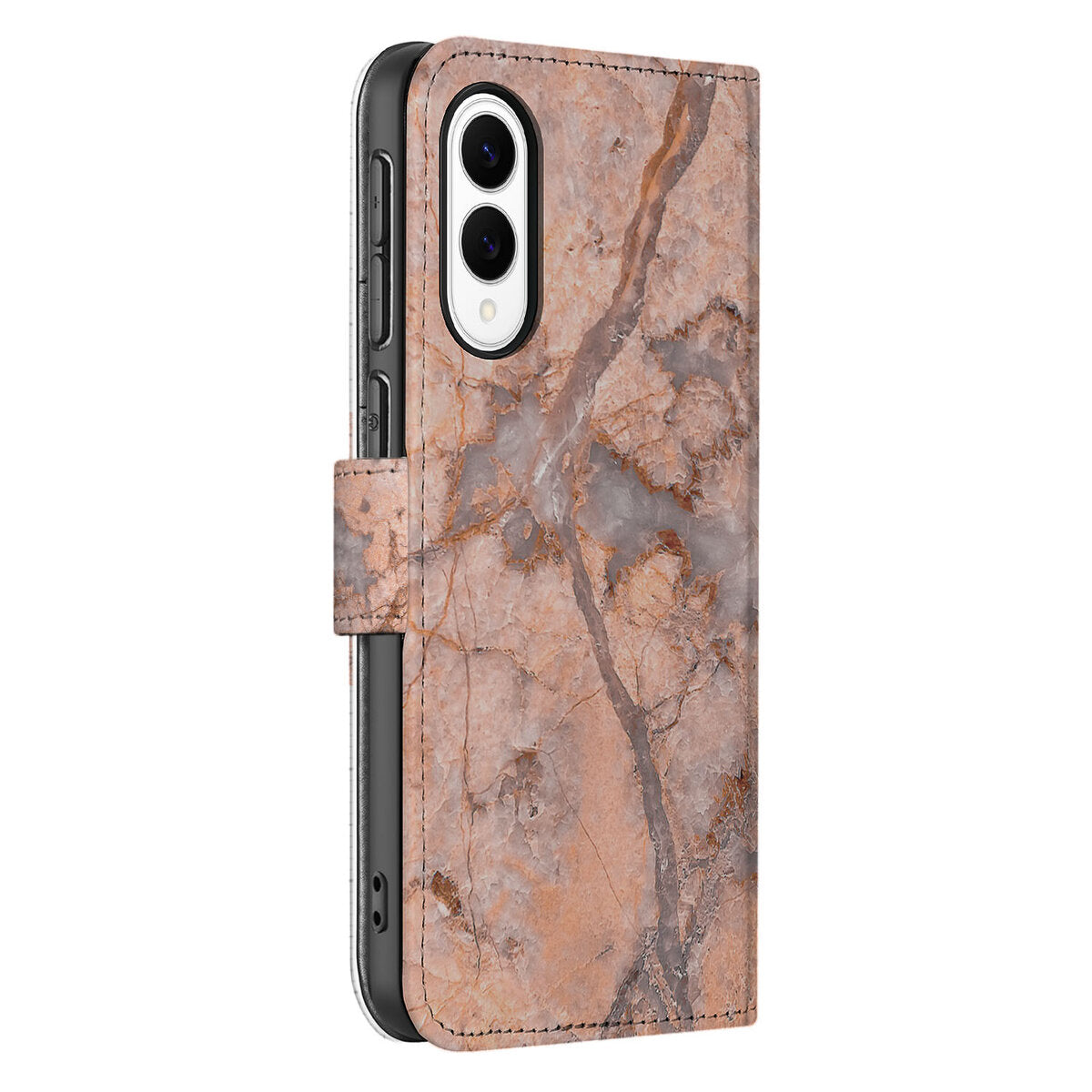 Samsung Galaxy S25 Edge Bookcase Marmer Oranje met een levendig oranje marmer-design en magnetische sluiting.