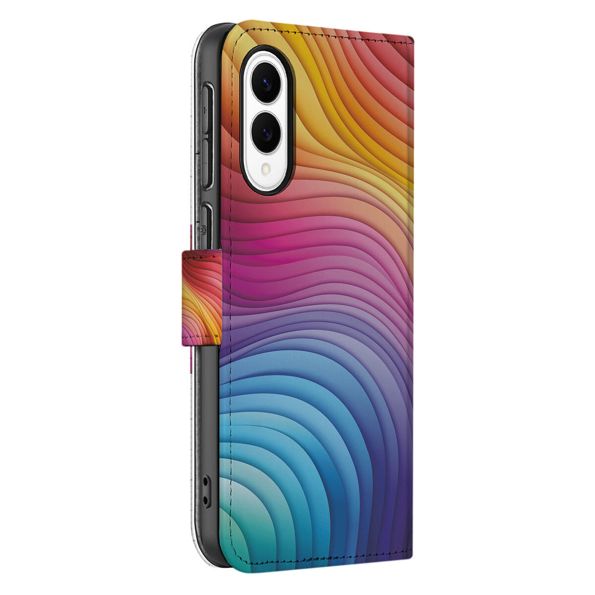 Book Case voor Samsung Galaxy S25 Edge Regenboog met kleurrijk golfdesign en magnetische sluiting.