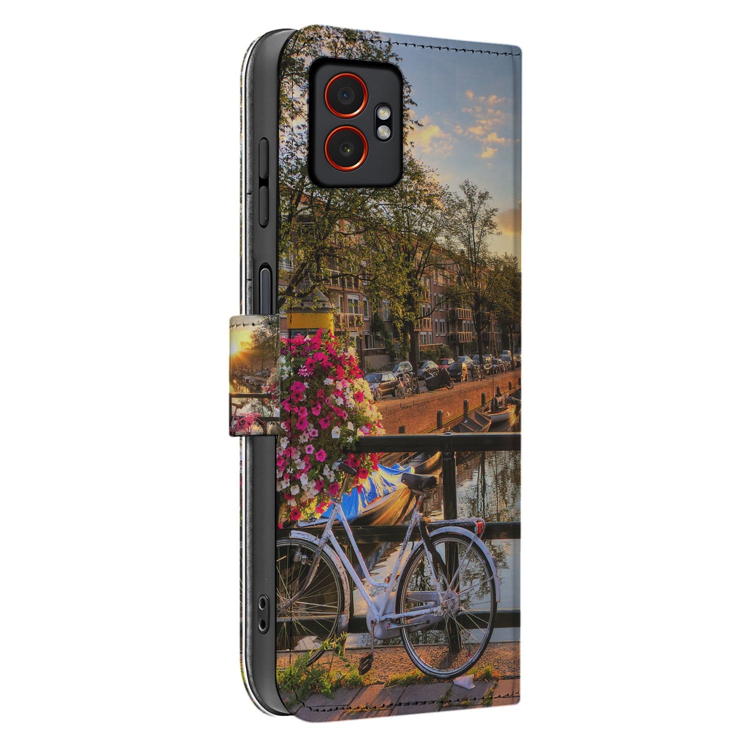 Samsung Galaxy Xcover 7 Pro Portemonnee Hoesje Amsterdamse Grachten uitgelicht fiets bloemen