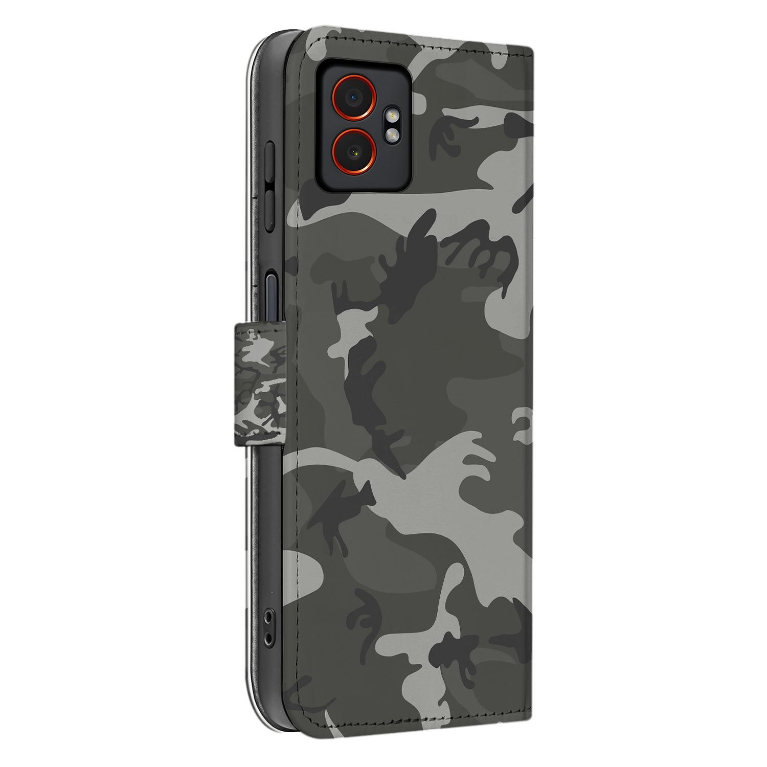 Army Light Camouflage Samsung Galaxy Xcover 7 Pro Portemonnee Hoesje camouflage grijs groen zijaanzicht