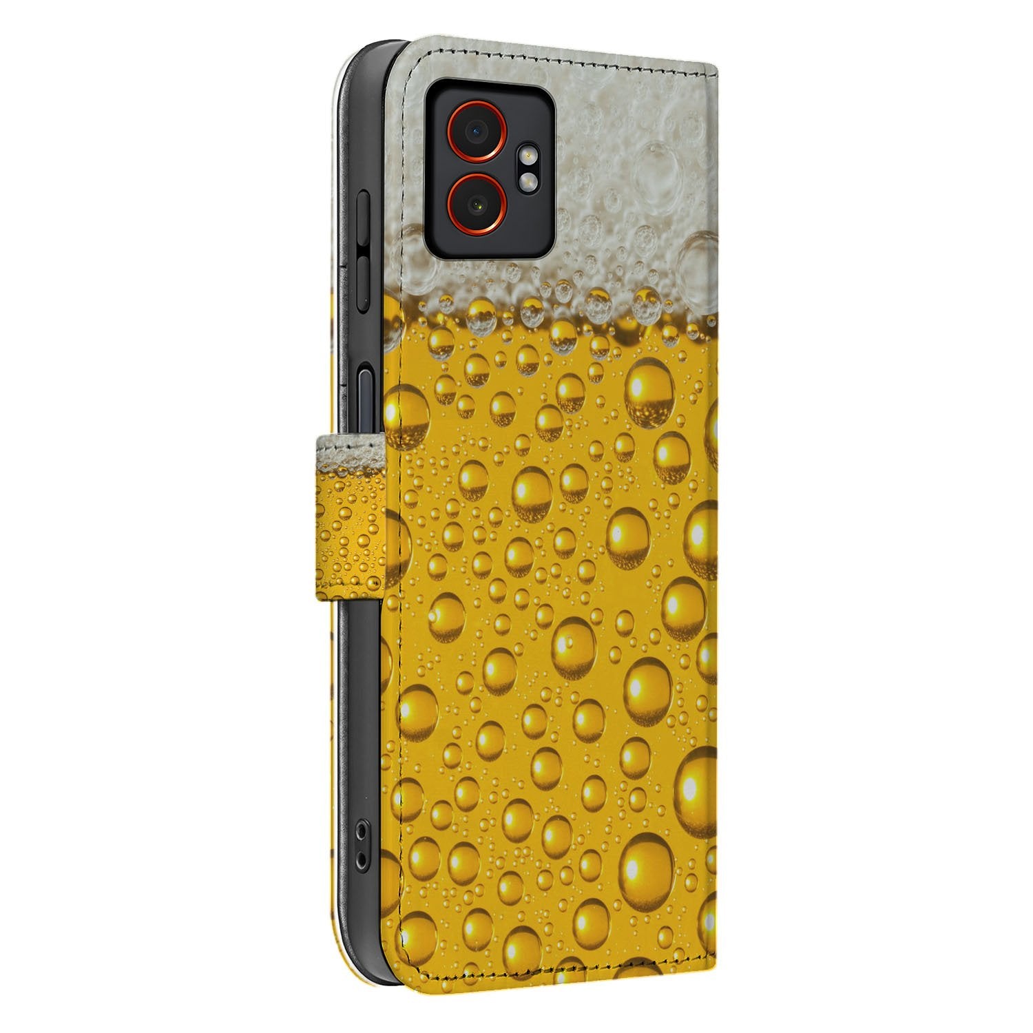 Samsung Galaxy Xcover 7 Pro Bookcase Hoesje Bier Print Geel Sluiting aanzicht zijkant met bellen