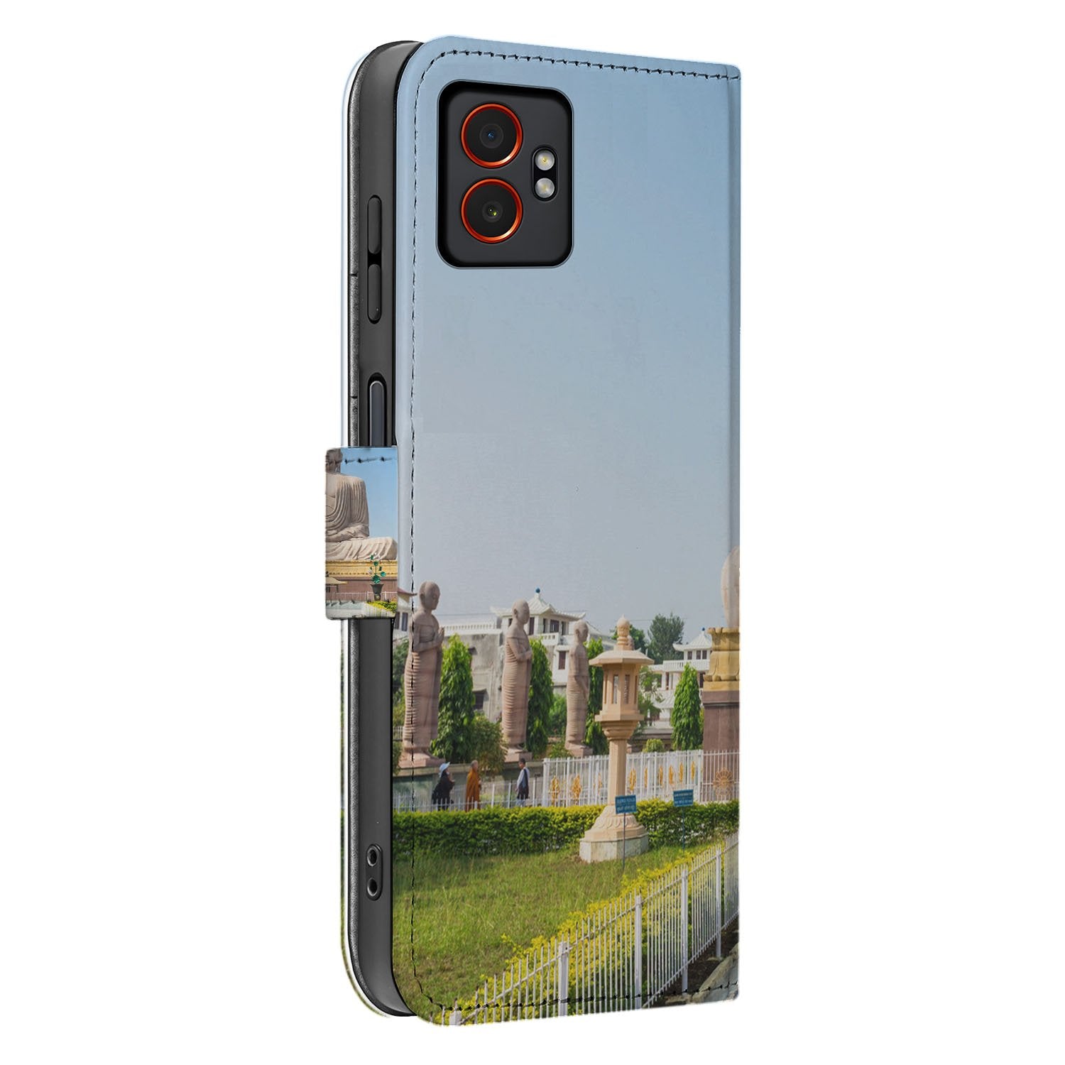 Samsung Galaxy Xcover 7 Pro Bookcase Hoesje Boeddha Goud Blauw Luxe zijkant bloemen standbeelden