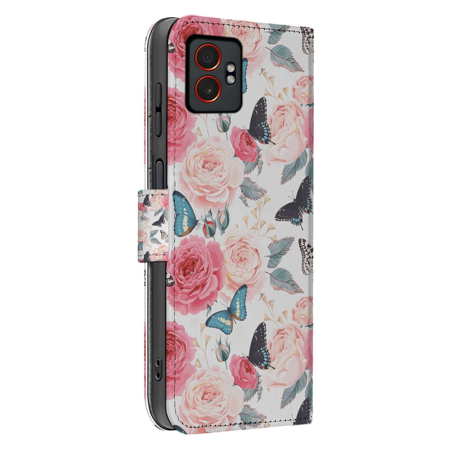 Portemonnee Hoesje Samsung Galaxy Xcover 7 Pro Roze Butterfly Roses zijaanzicht