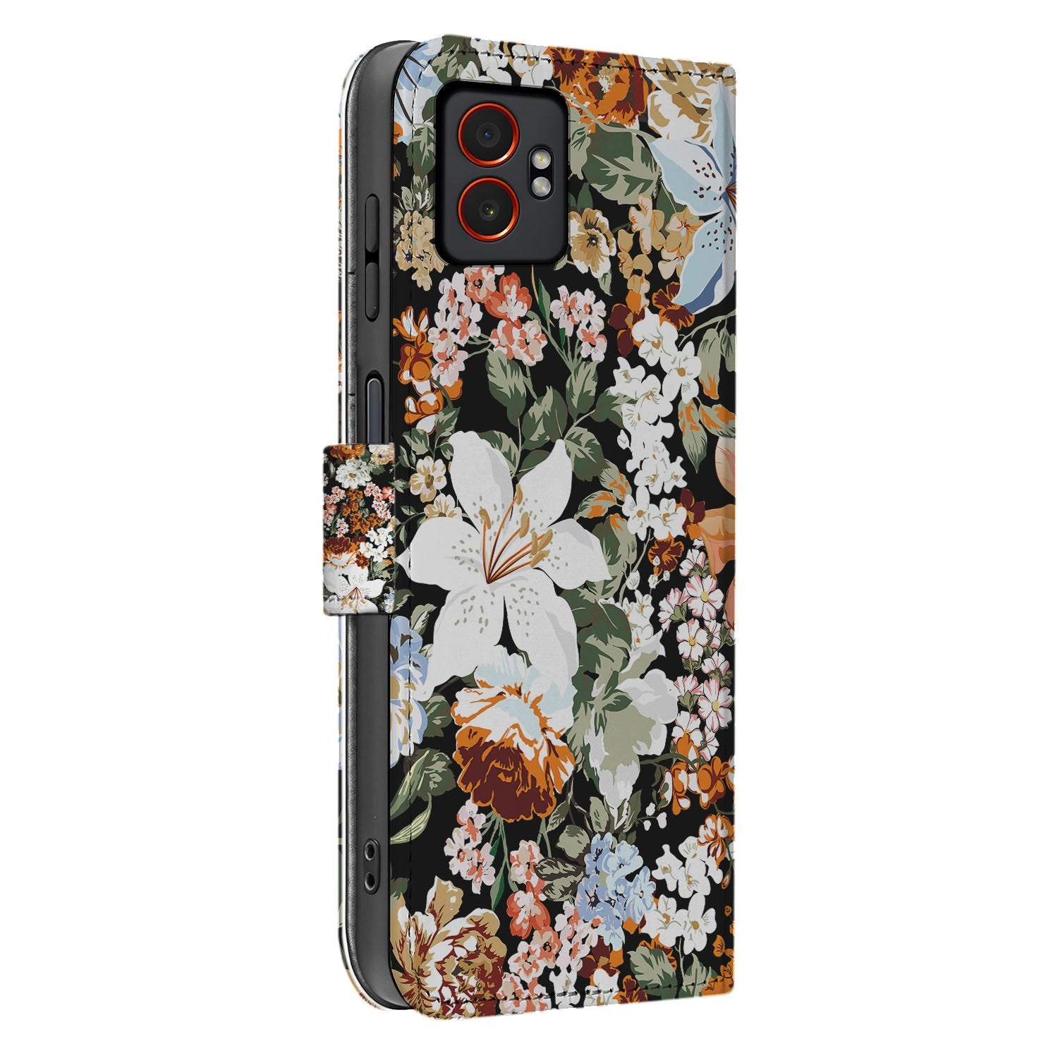 Dark Flowers Samsung Galaxy Xcover 7 Pro Portemonnee Hoesje bloemen design zijaanzicht