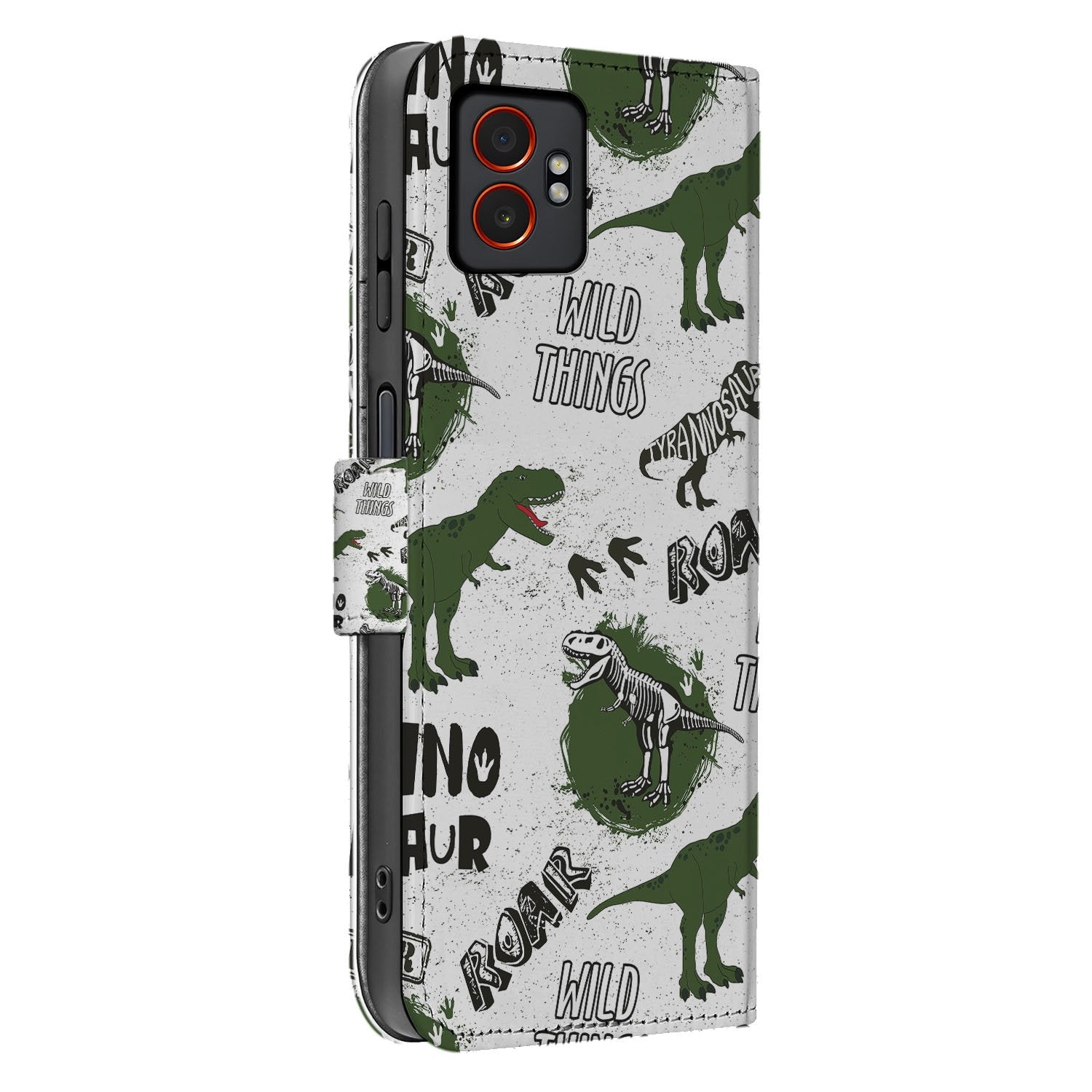Samsung Galaxy Xcover 7 Pro Portemonnee Hoesje Dino Print zij-aanzicht