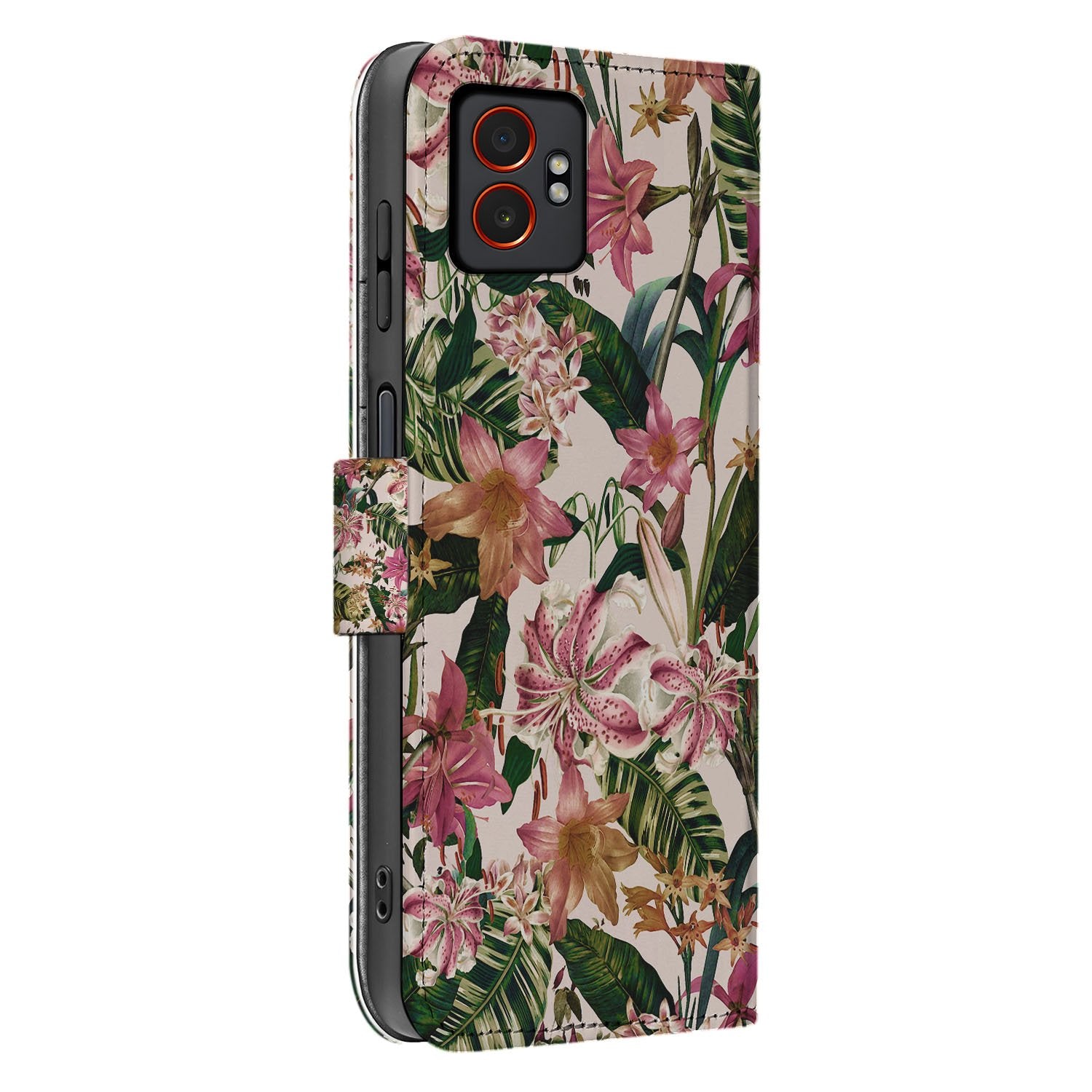 Portemonnee Hoesje Samsung Galaxy Xcover 7 Pro | Paars Wit Bloemen bloemenprint zijkant