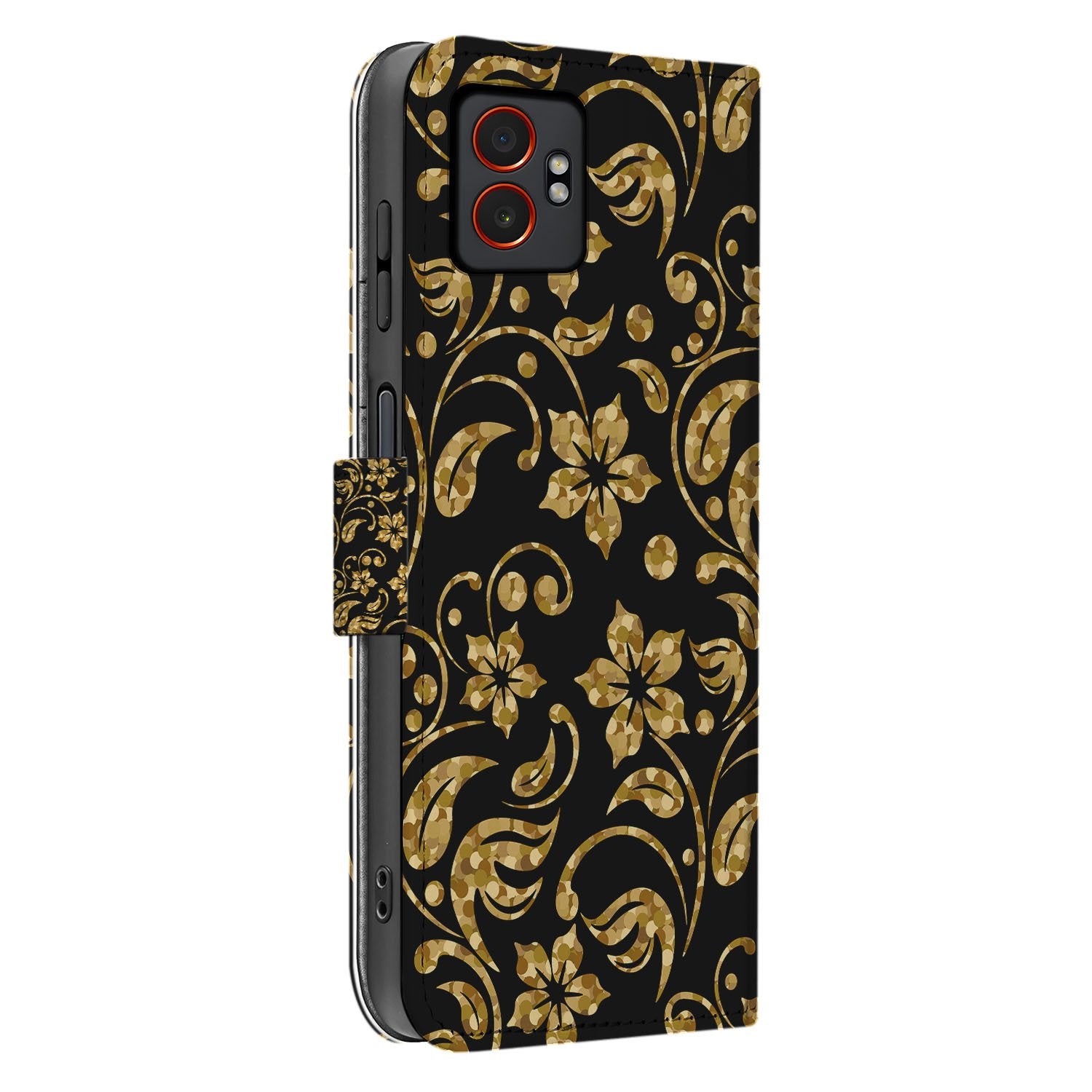 Gouden Bloemen Design Samsung Galaxy Xcover 7 Pro Book Case Portemonnee Hoesje aanzicht