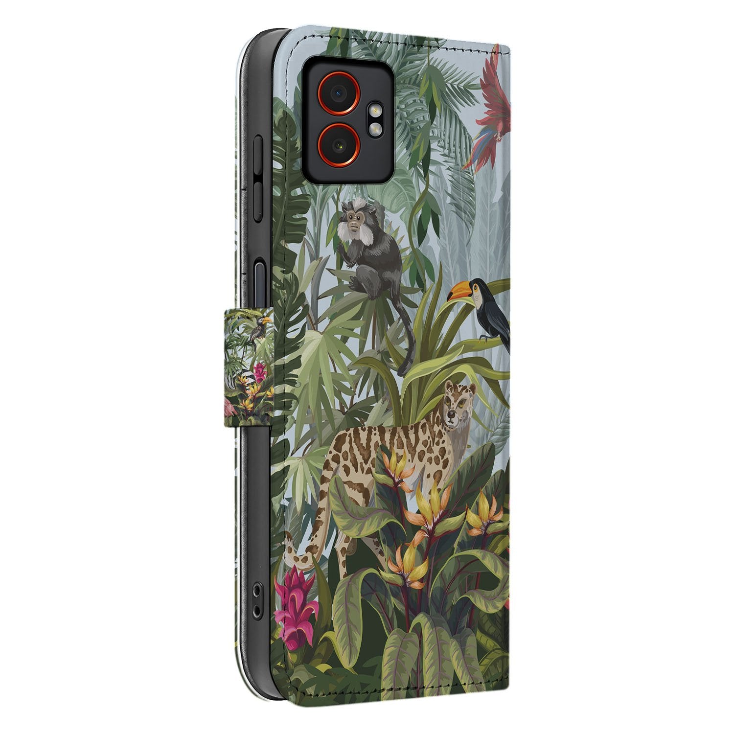Samsung Galaxy Xcover 7 Pro Stijlvol Jungle Design Book Case met Pasjes Hoesje zijaanzicht